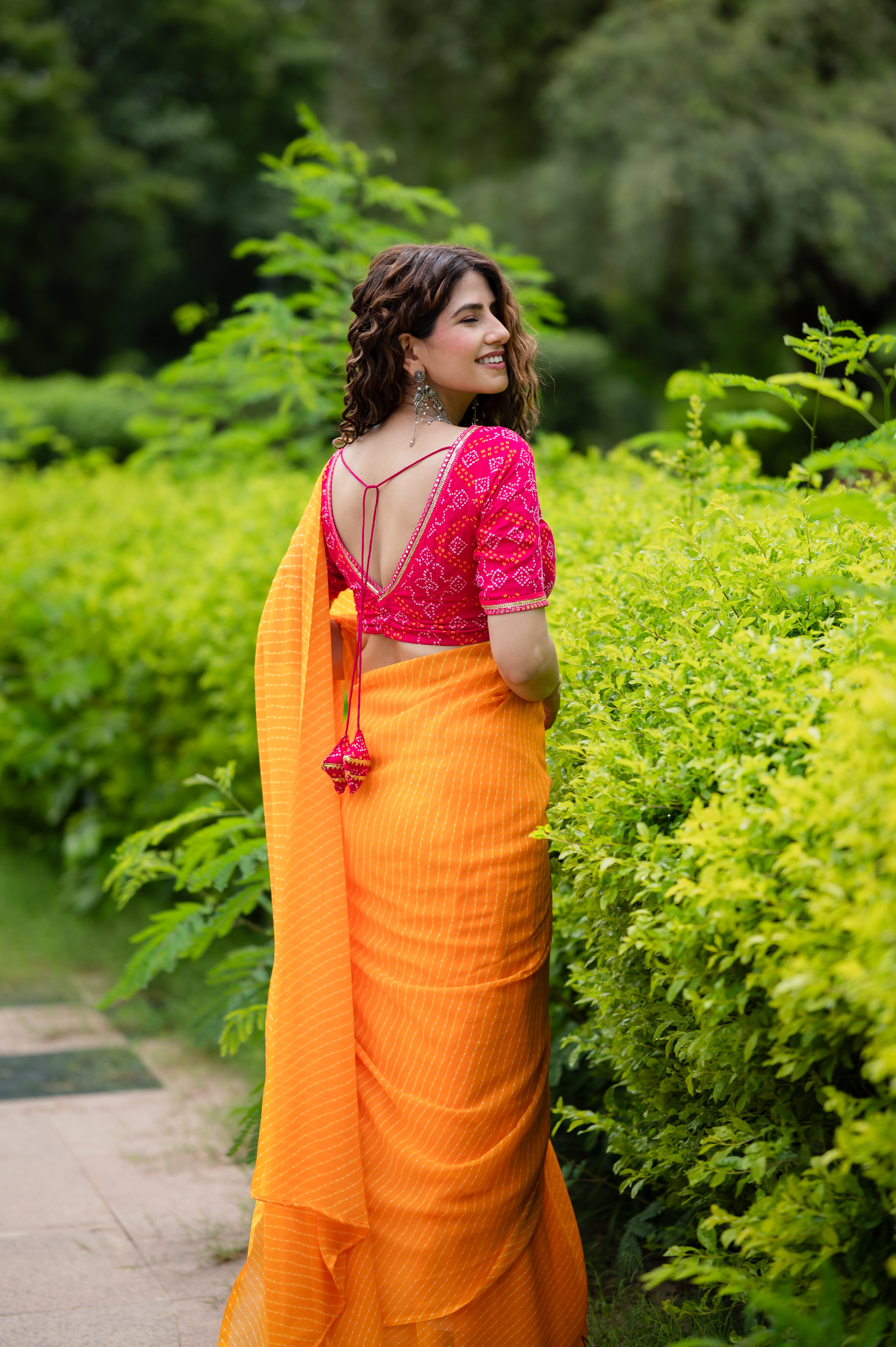 Women’s Pink Bandhej Print Short Sleeve Readymade Saree Blouse – Designer Inspired