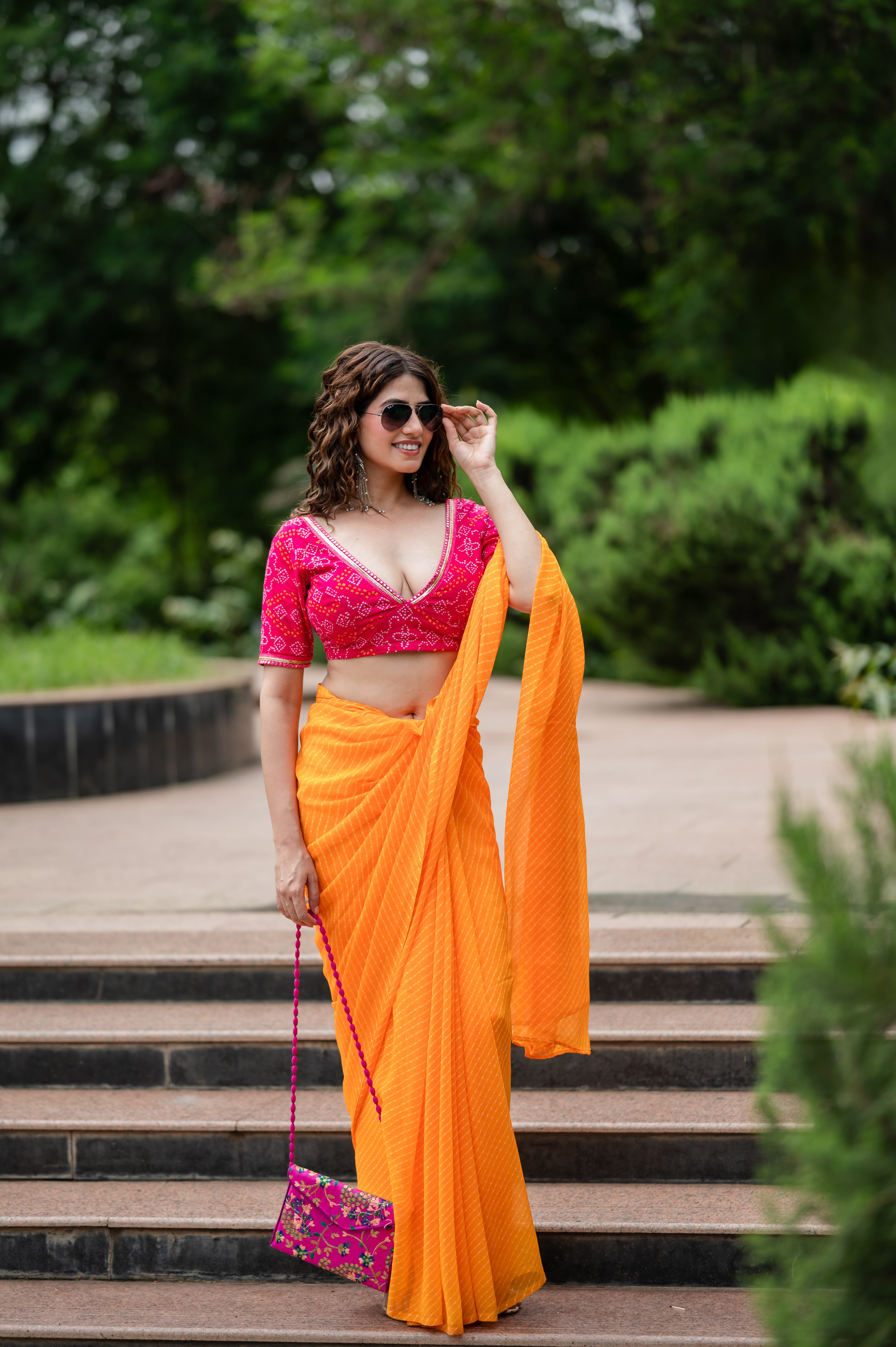 Women’s Pink Bandhej Print Short Sleeve Readymade Saree Blouse – Designer Inspired