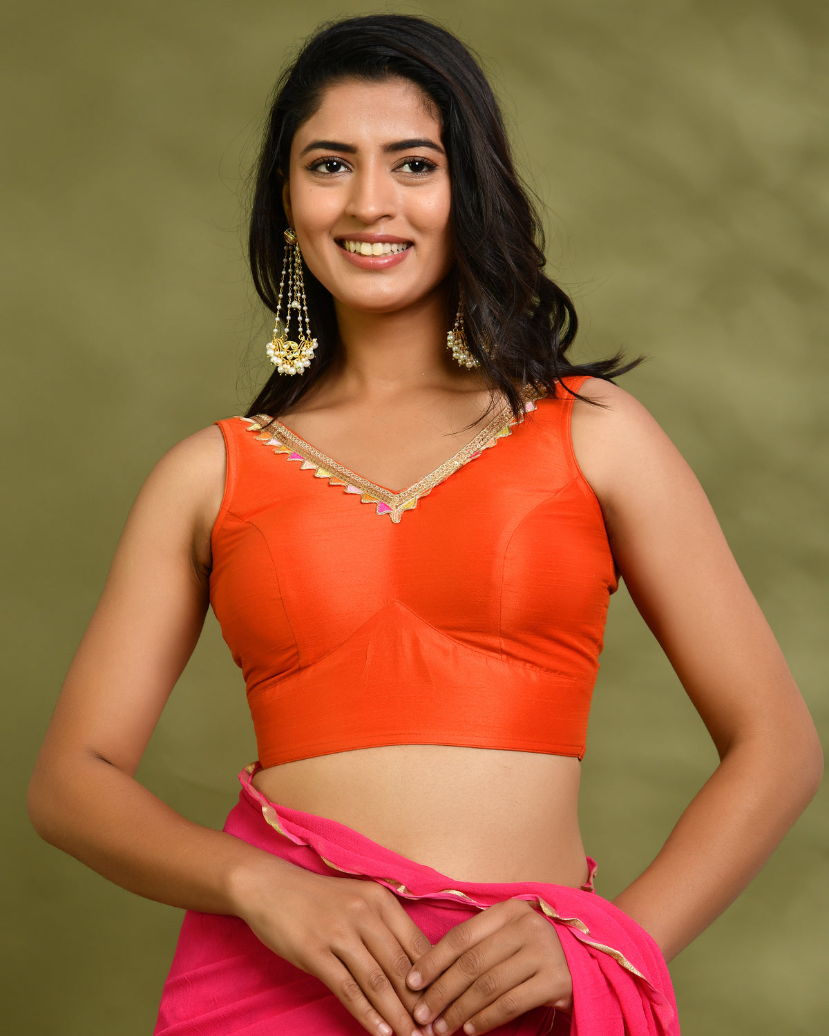 Solid Orange Color Sleeveless Padded Blouse