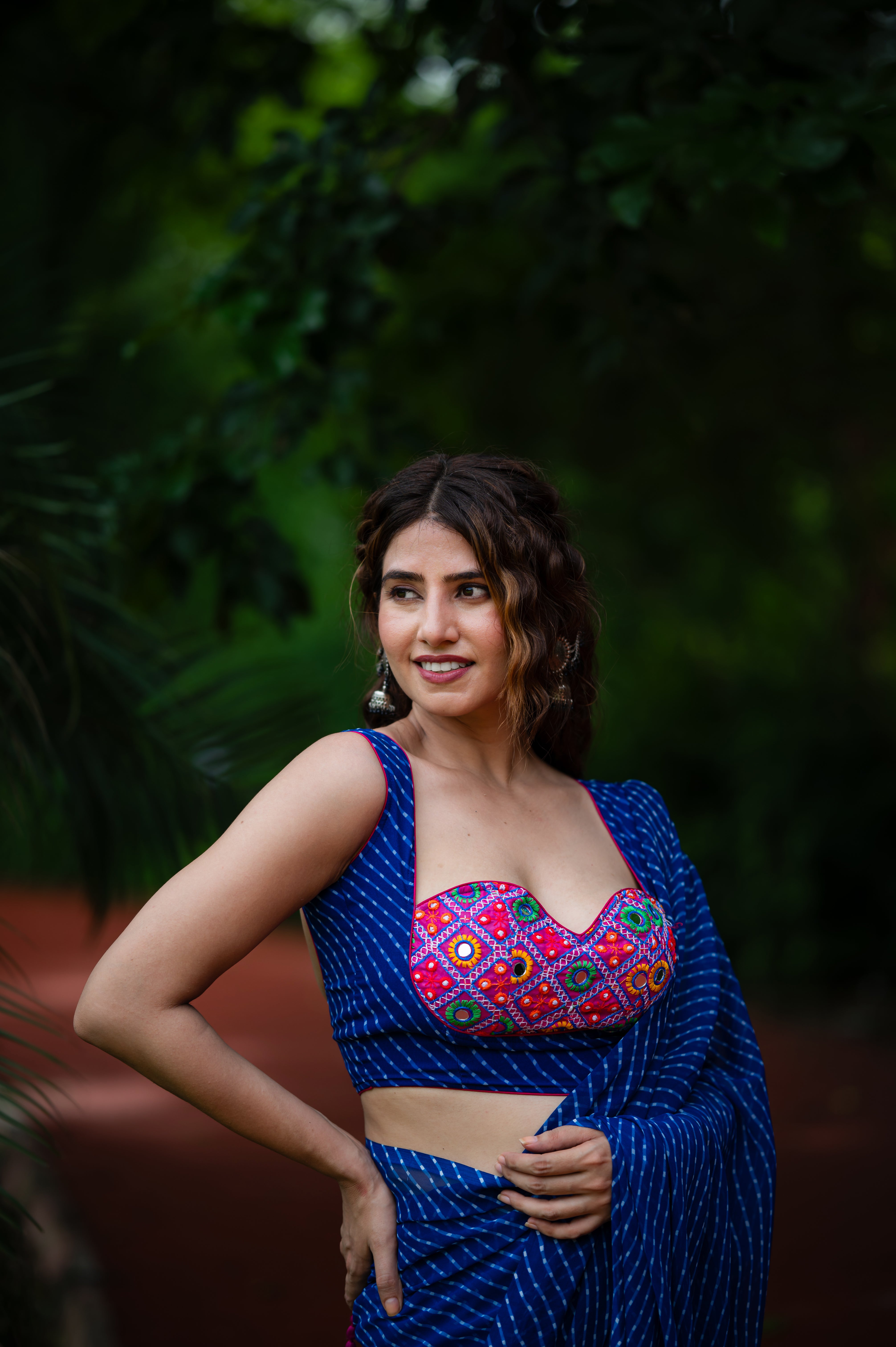 Lehriya Printed with Embroidered Sleeveless Saree Blouse