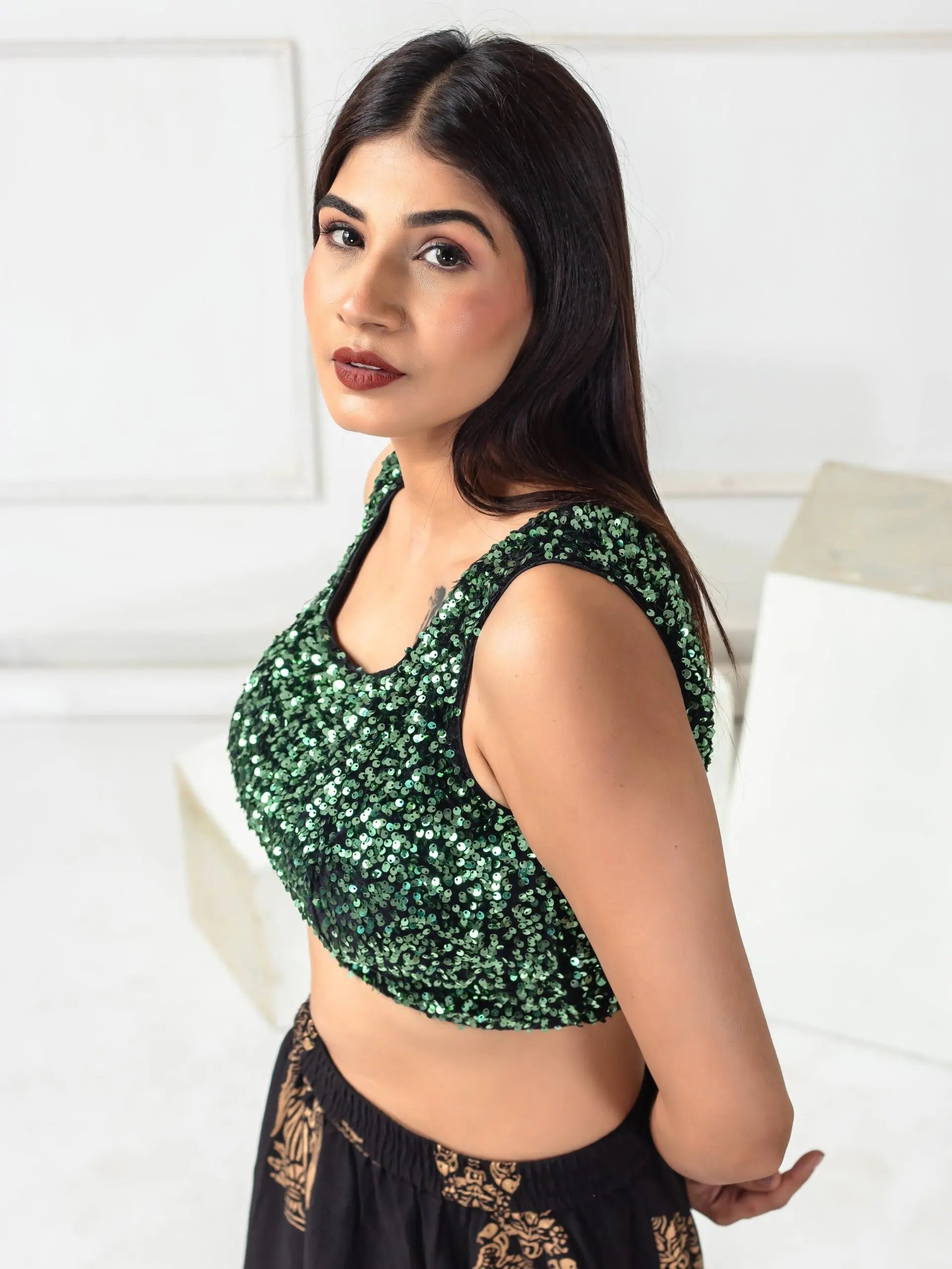 Sequined Velvet Sleeveless Saree Blouse