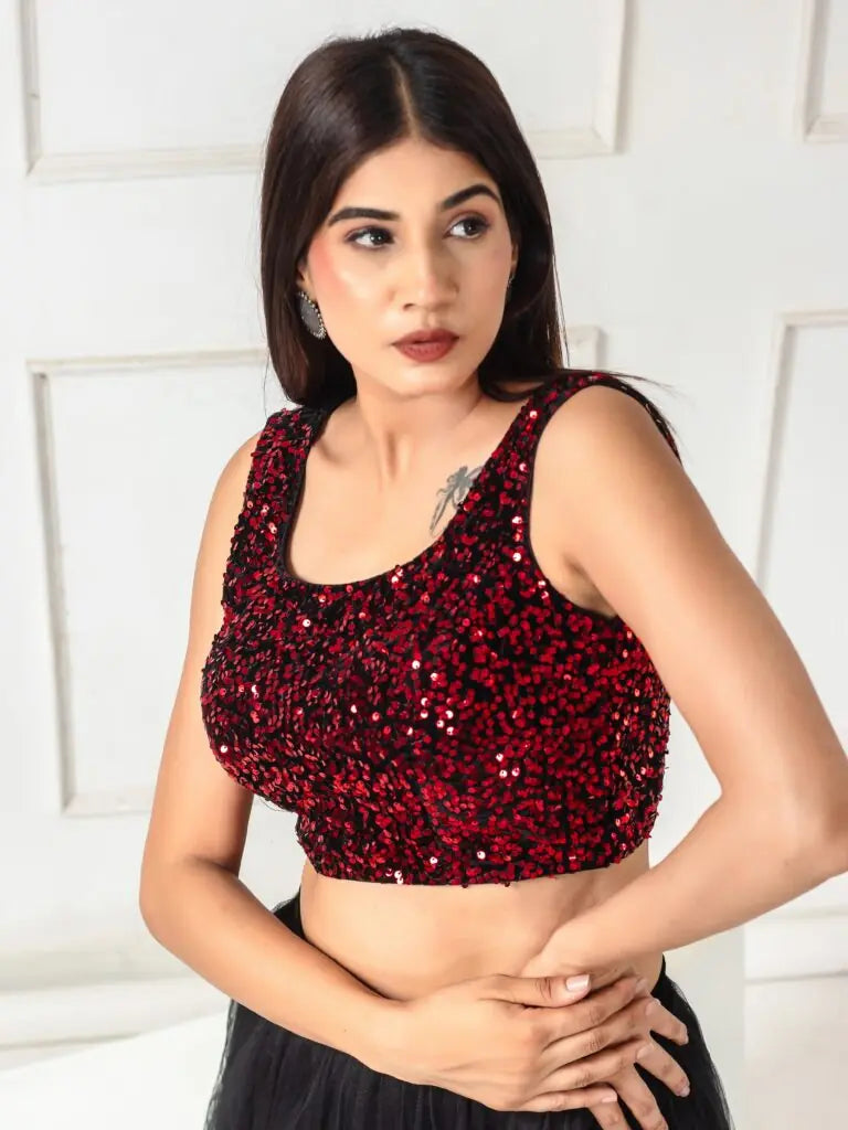 Sequined Velvet Sleeveless Saree Blouse