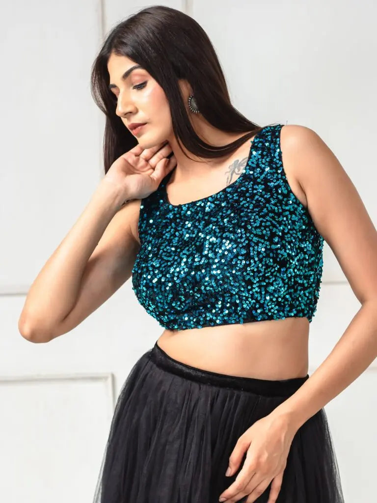 Sequined Velvet Sleeveless Saree Blouse