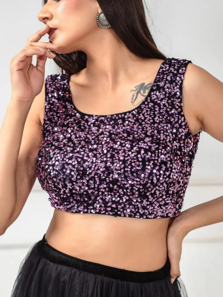 Sequined Velvet Sleeveless Saree Blouse