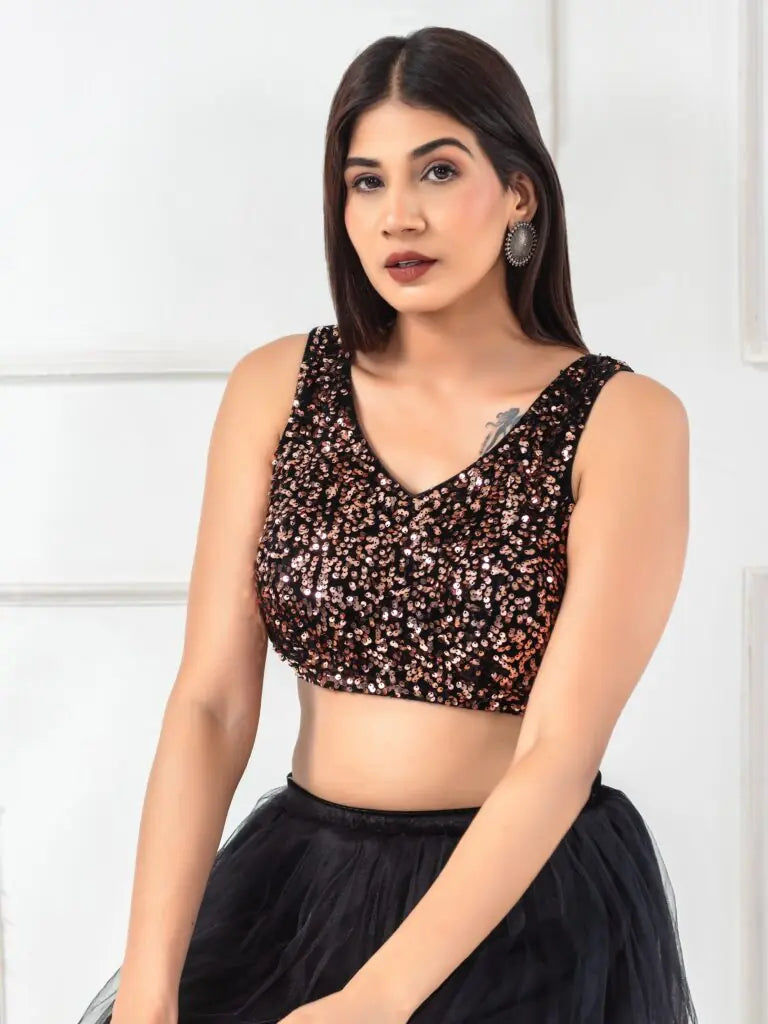 Sequined Velvet Sleeveless Saree Blouse