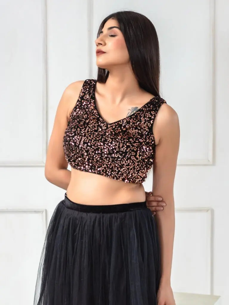 Sequined Velvet Sleeveless Saree Blouse