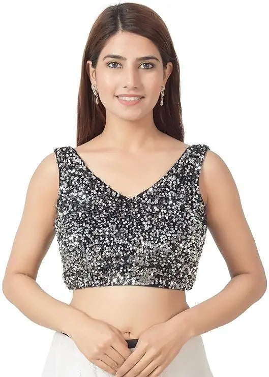 Sequined Velvet Sleeveless Saree Blouse