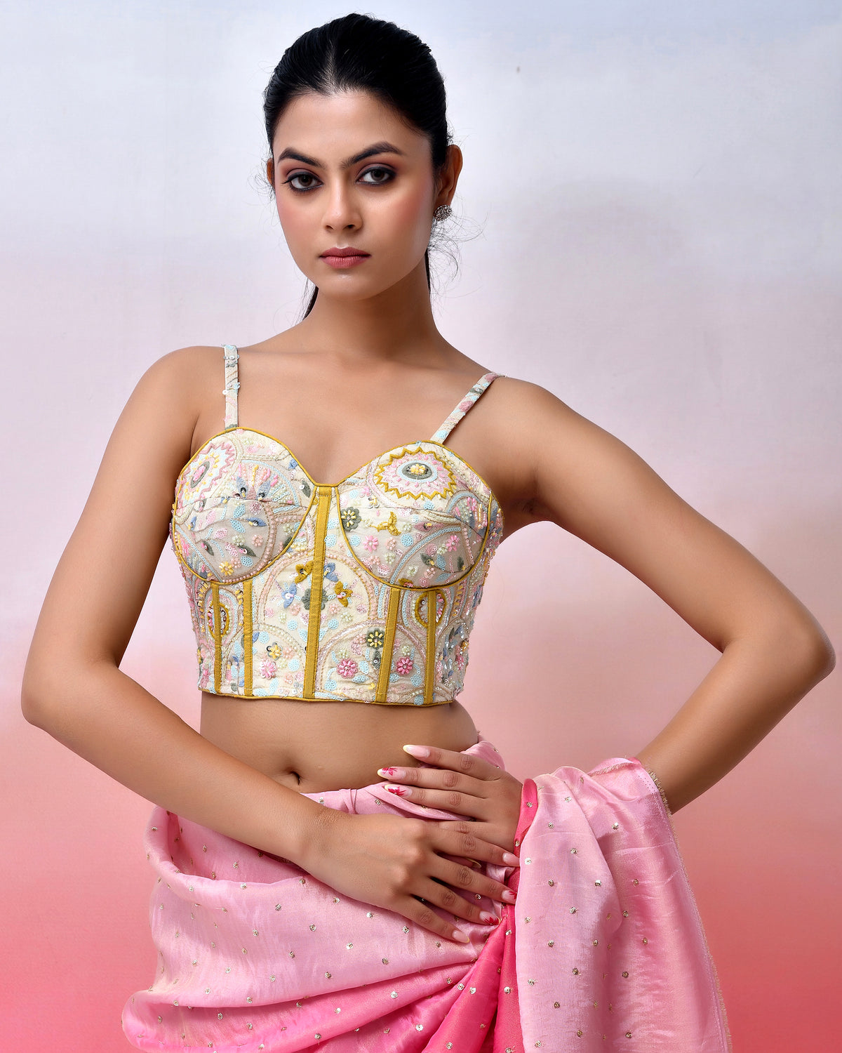 Multicolour Embroidered Bustier Corset Style Multi Blouse with Tie-up Back