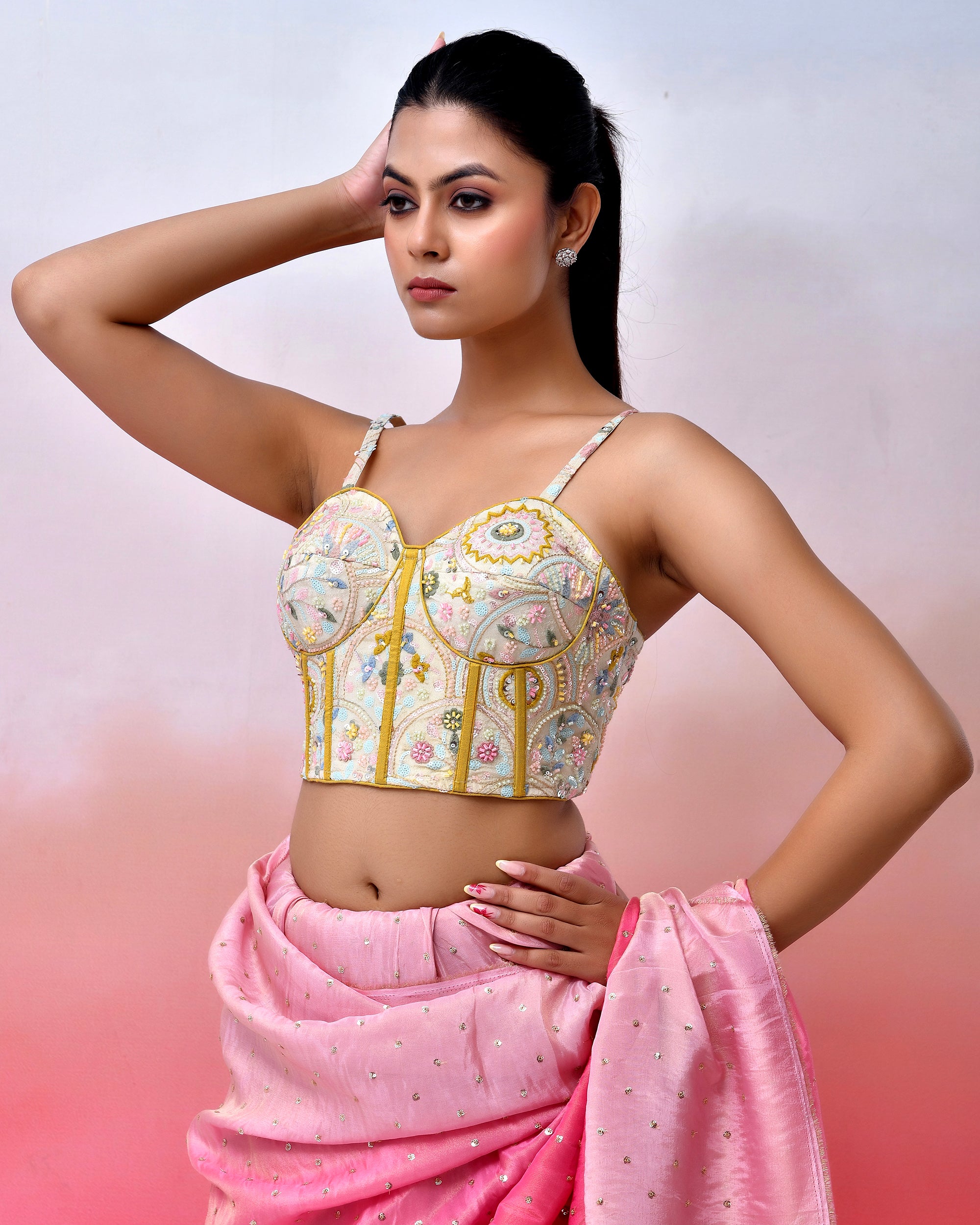 Multicolour Embroidered Bustier Corset Style Multi Blouse with Tie-up Back
