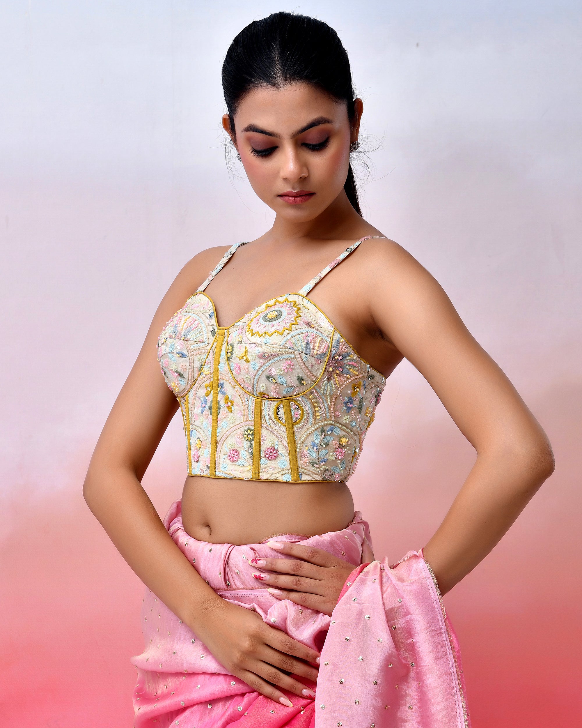Multicolour Embroidered Bustier Corset Style Multi Blouse with Tie-up Back