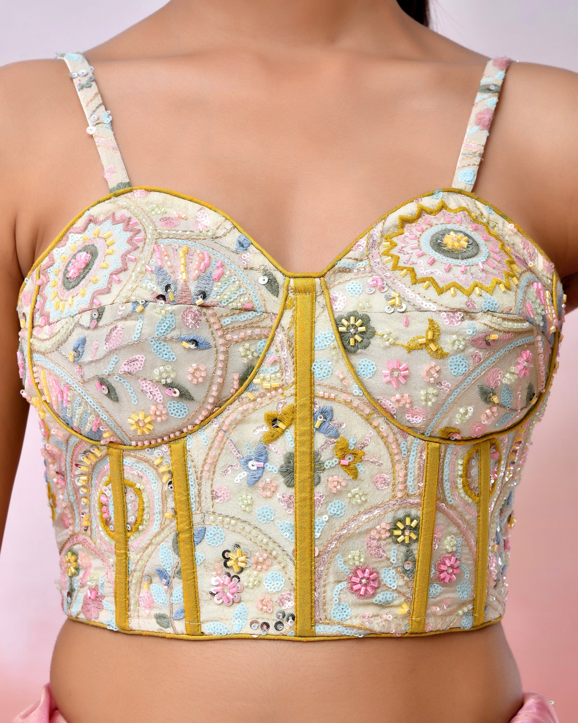 Multicolour Embroidered Bustier Corset Style Multi Blouse with Tie-up Back
