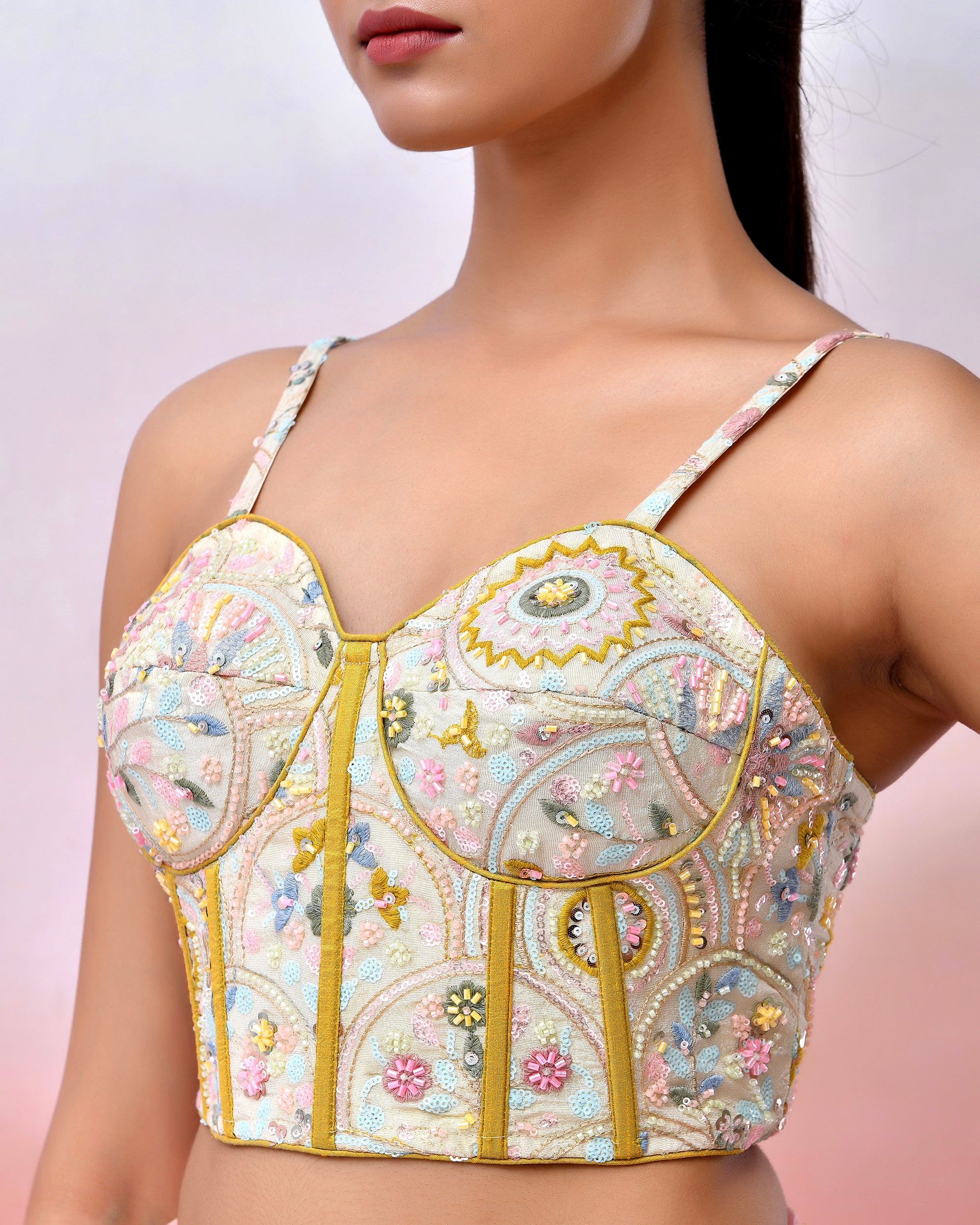 Multicolour Embroidered Bustier Corset Style Multi Blouse with Tie-up Back