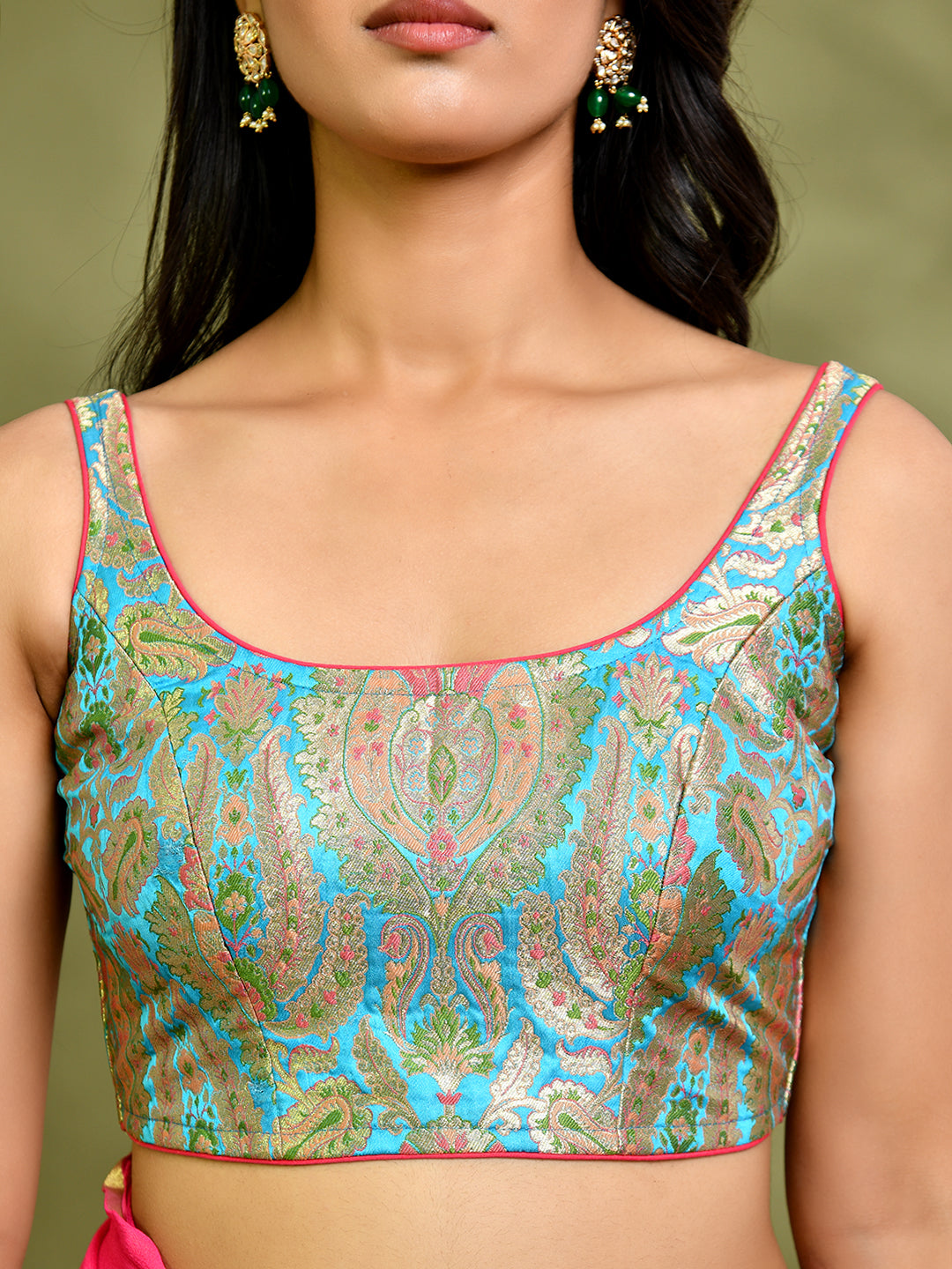 Woven Designed Kashi Banarsi Scoop Neck Padded Blue Saree Blouse