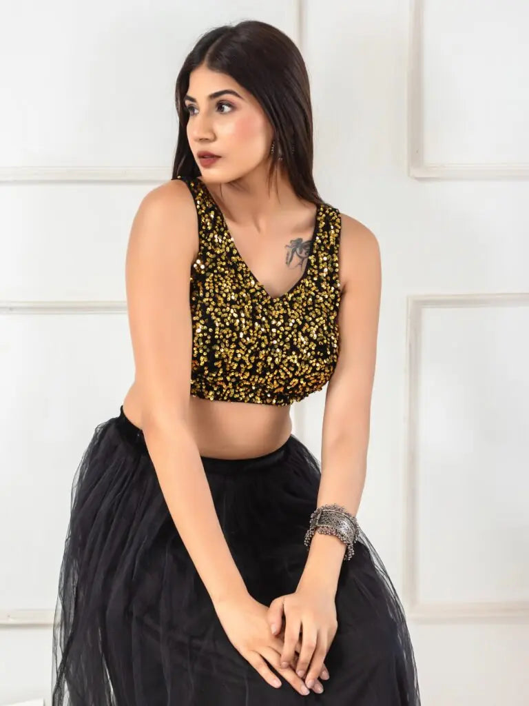 Sequined Velvet Sleeveless Saree Blouse