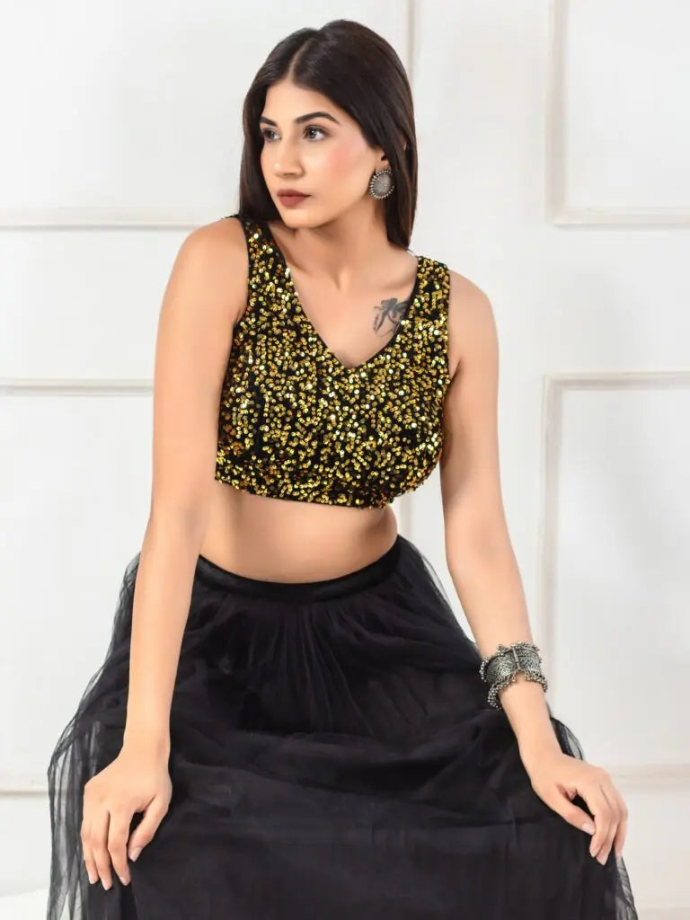 Sequined Velvet Sleeveless Saree Blouse