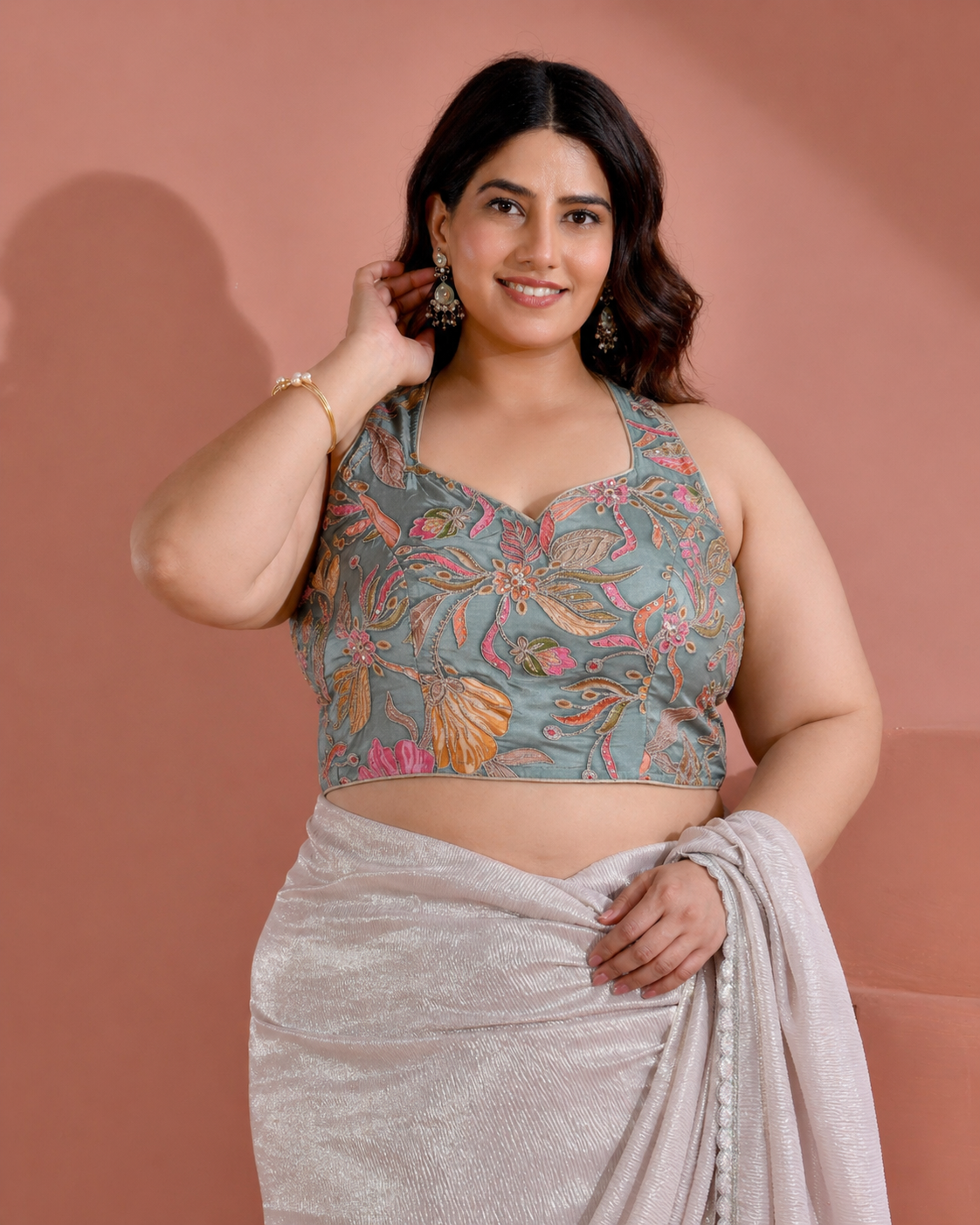 Position Print Sequined Embellished Halter Neck Dusty Green Blouse