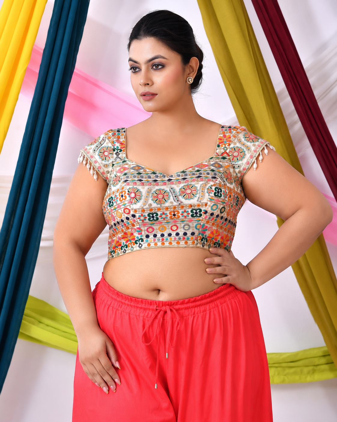 Multicolor Embroidered White Padded Blouse With Cap Sleeves