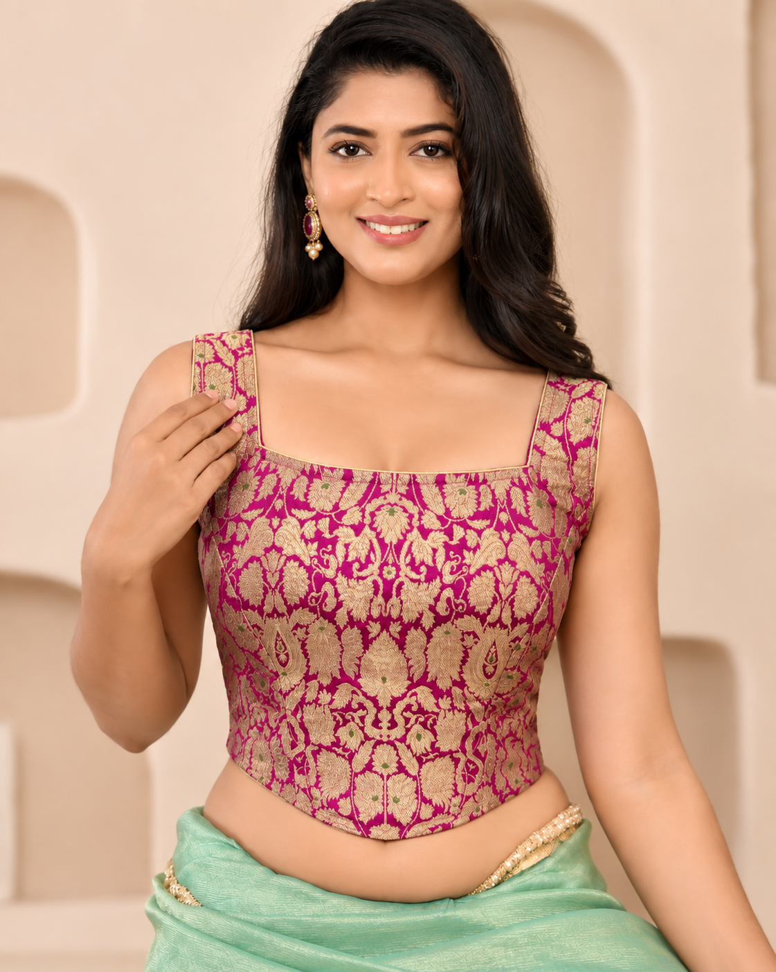 Woven Designed Kashi Banarsi Corset Style Padded Pink Saree Blouse