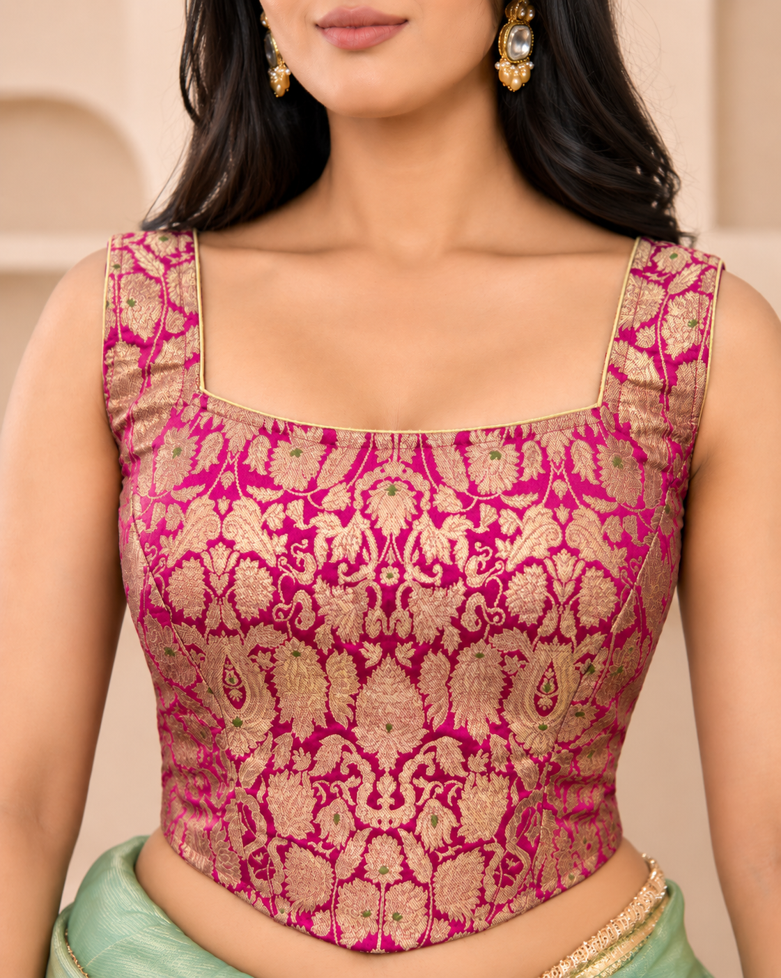 Woven Designed Kashi Banarsi Corset Style Padded Pink Saree Blouse