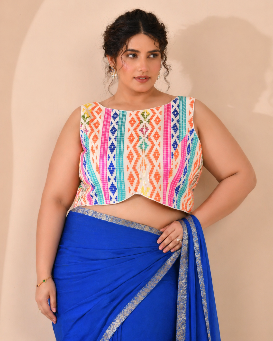 White Multicoloured Boat Neck Jacquard Blouse