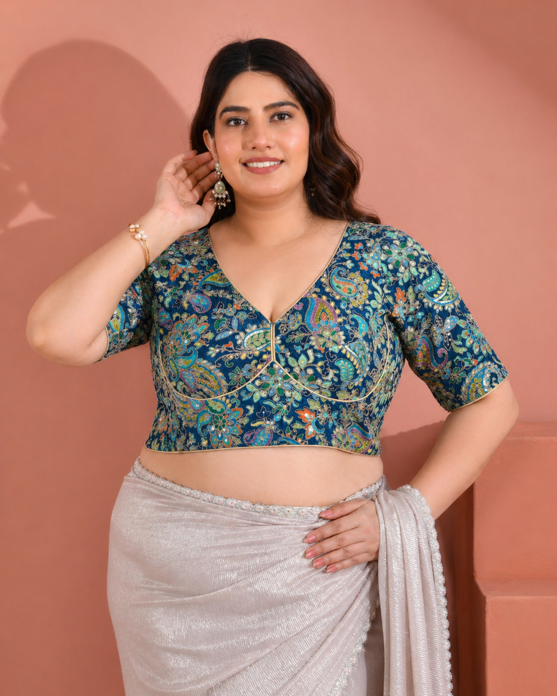 Position Print Embroidered Sabyasachi Style Teal Blouse