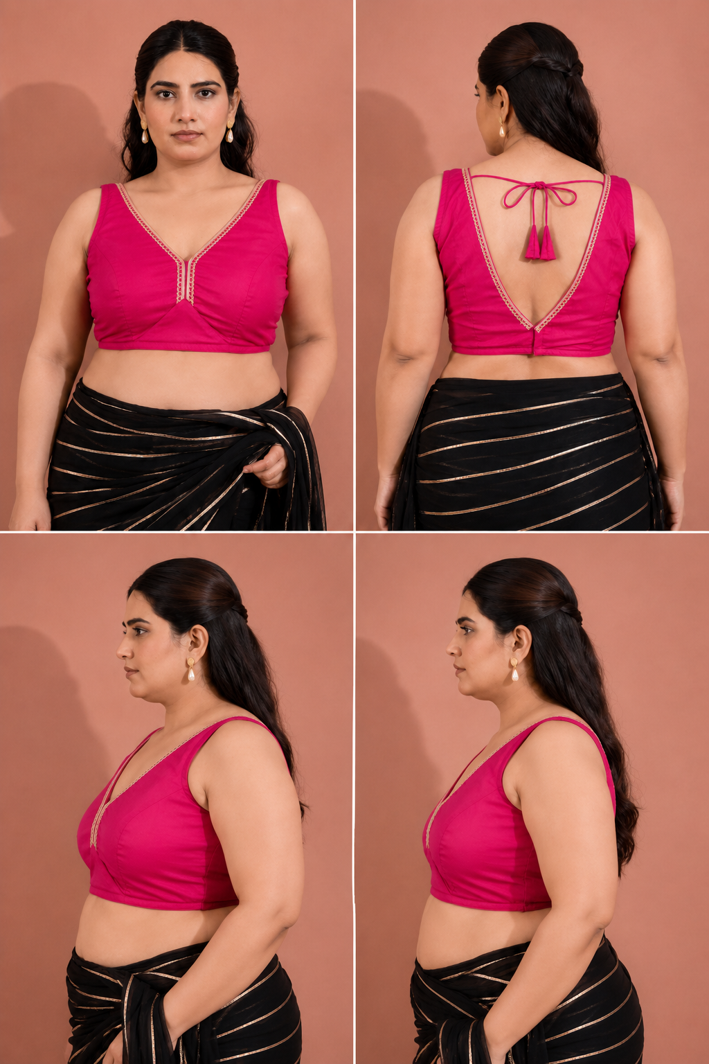 Pink Silk Sleeveless Padded Blouse With Lace Embellished V Neck