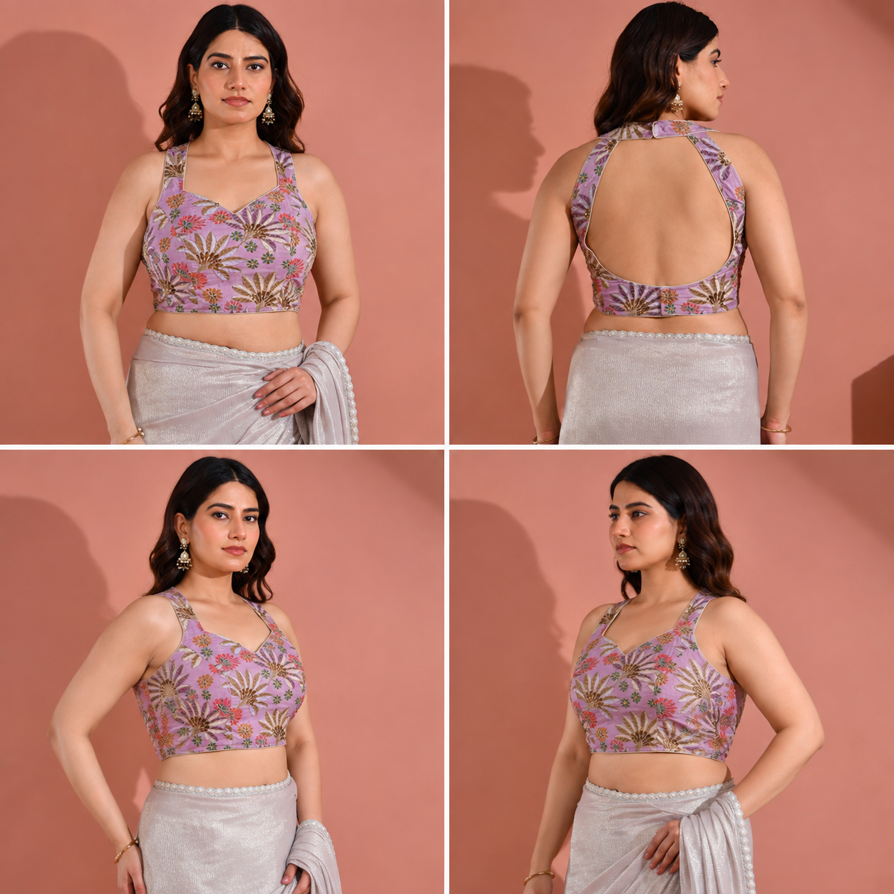 Position Print Sequined Embellished Halter Neck Lavender Blouse