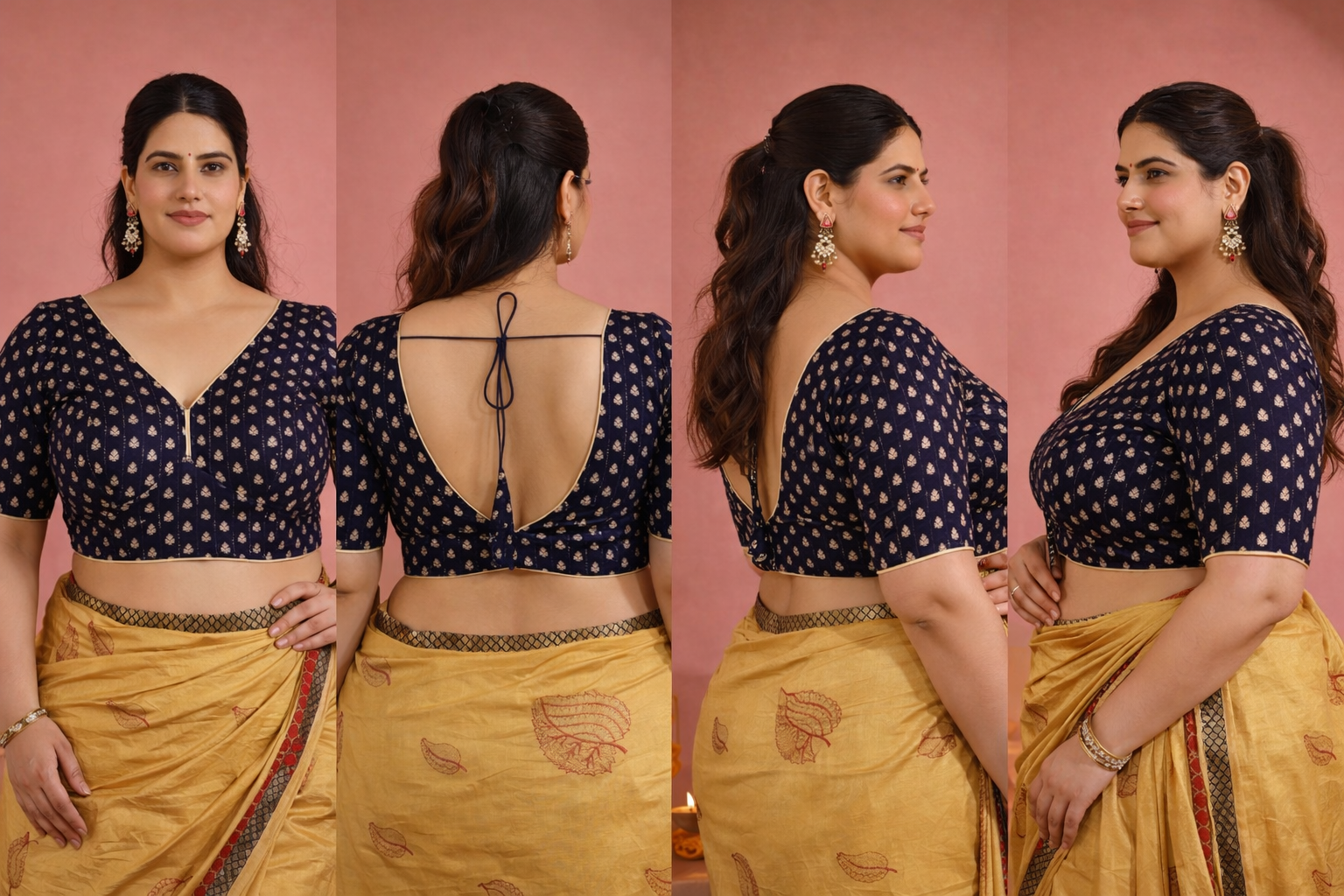 Dark Blue Dola Silk  Sabhyasachi Style Blouse With Half Sleeves