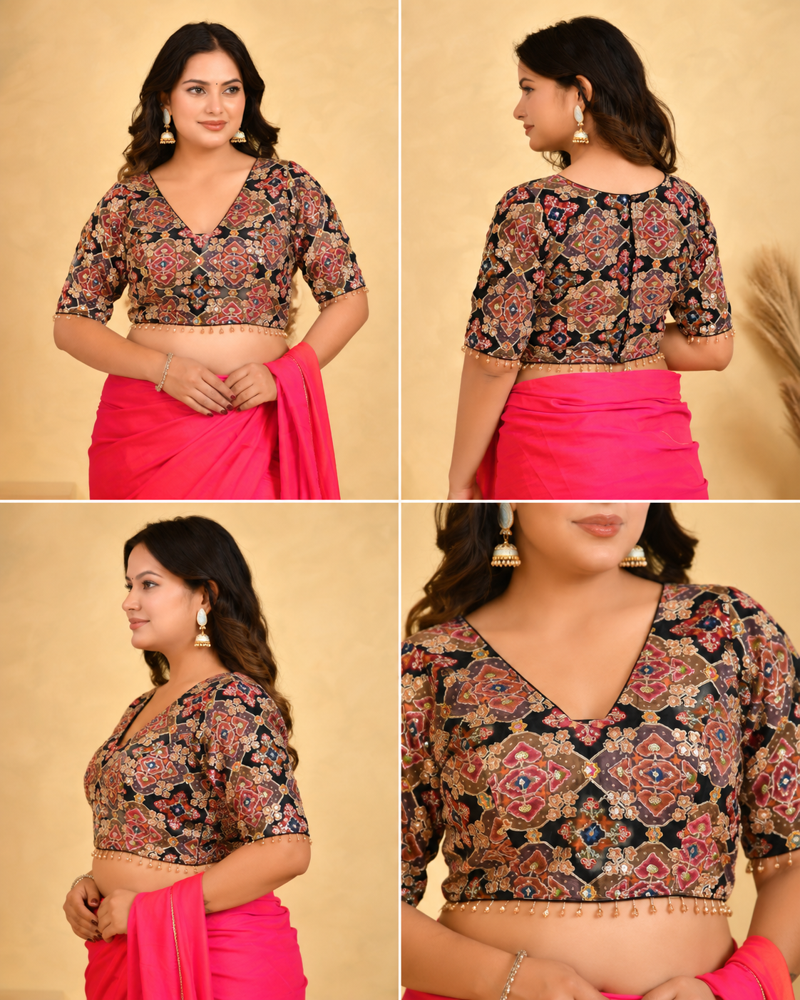 Women's Zari Embroidered Glass Neck Black Blouse With Sleeves
