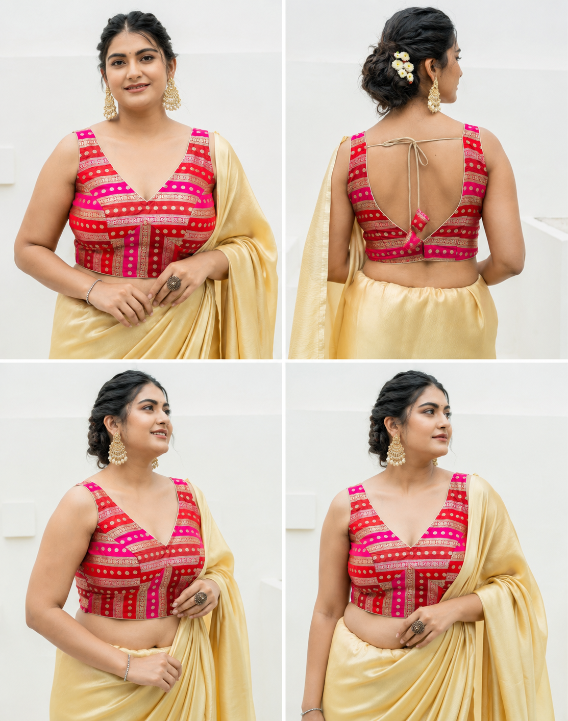 Multicolored Striped Banarasi Brocade Sleeveless V-Neck Red Blouse
