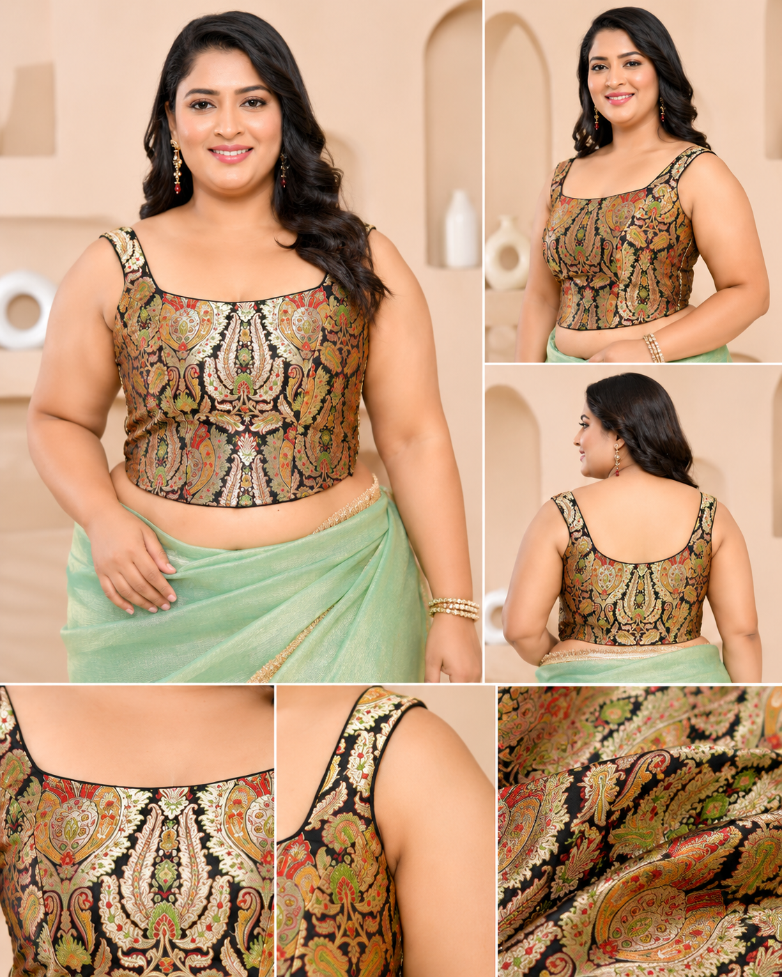 Woven Designed Kashi Banarsi Corset Style Padded Black Saree Blouse