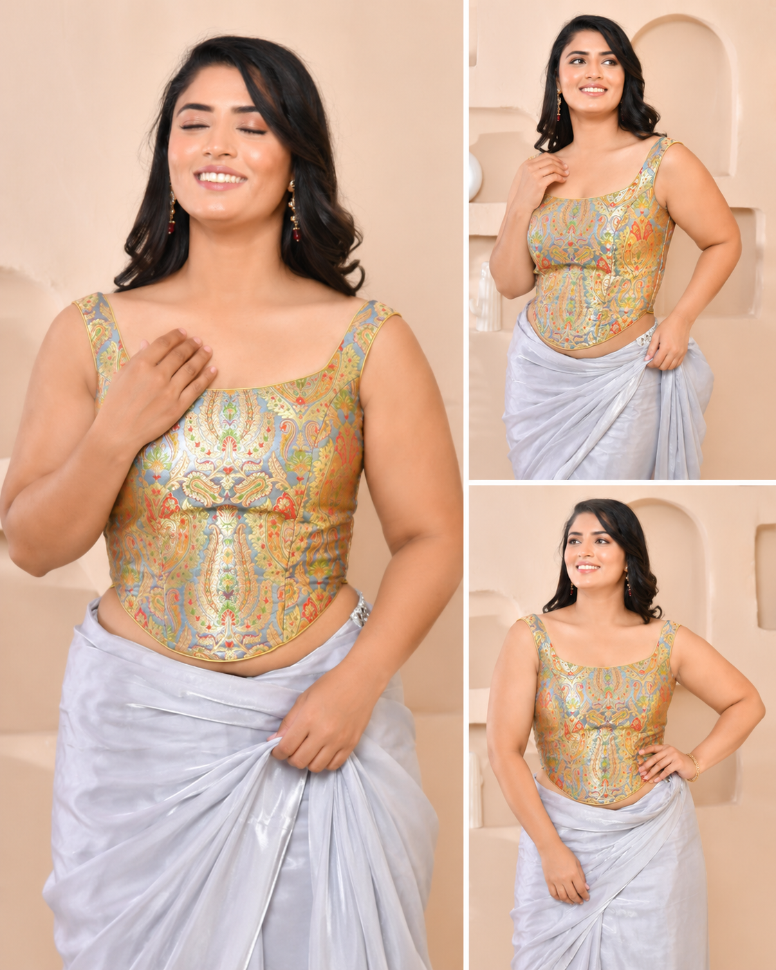 Woven Designed Kashi Banarsi Corset Style Padded Grey Saree Blouse
