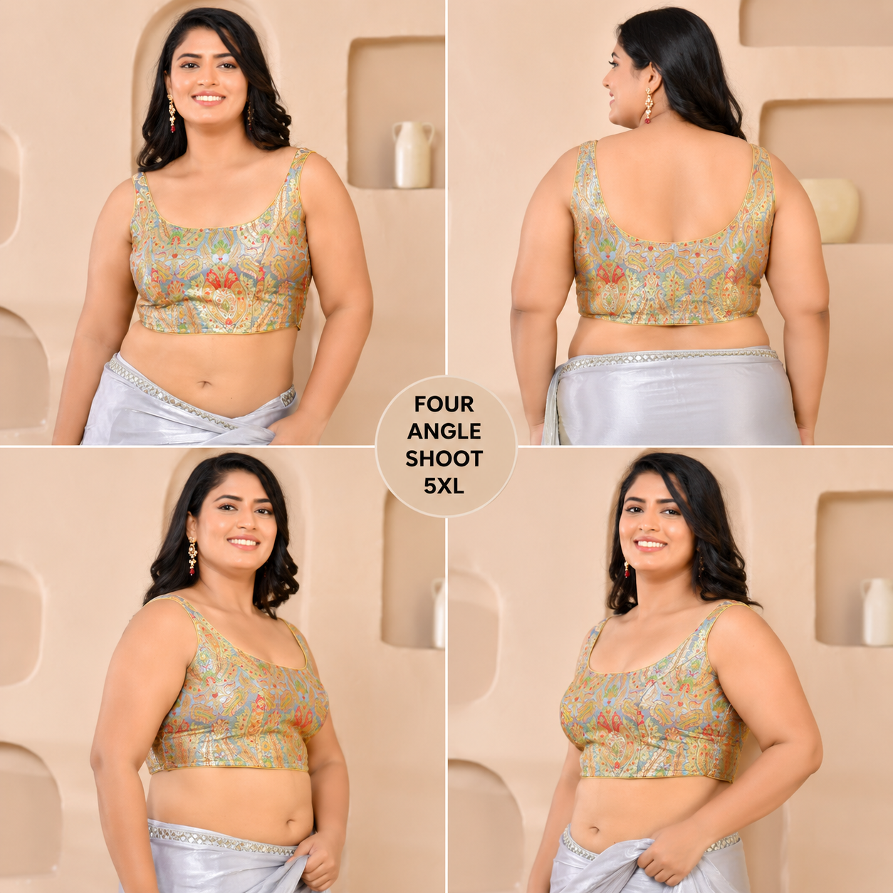 Woven Designed Kashi Banarsi Scoop Neck Padded Grey Saree Blouse