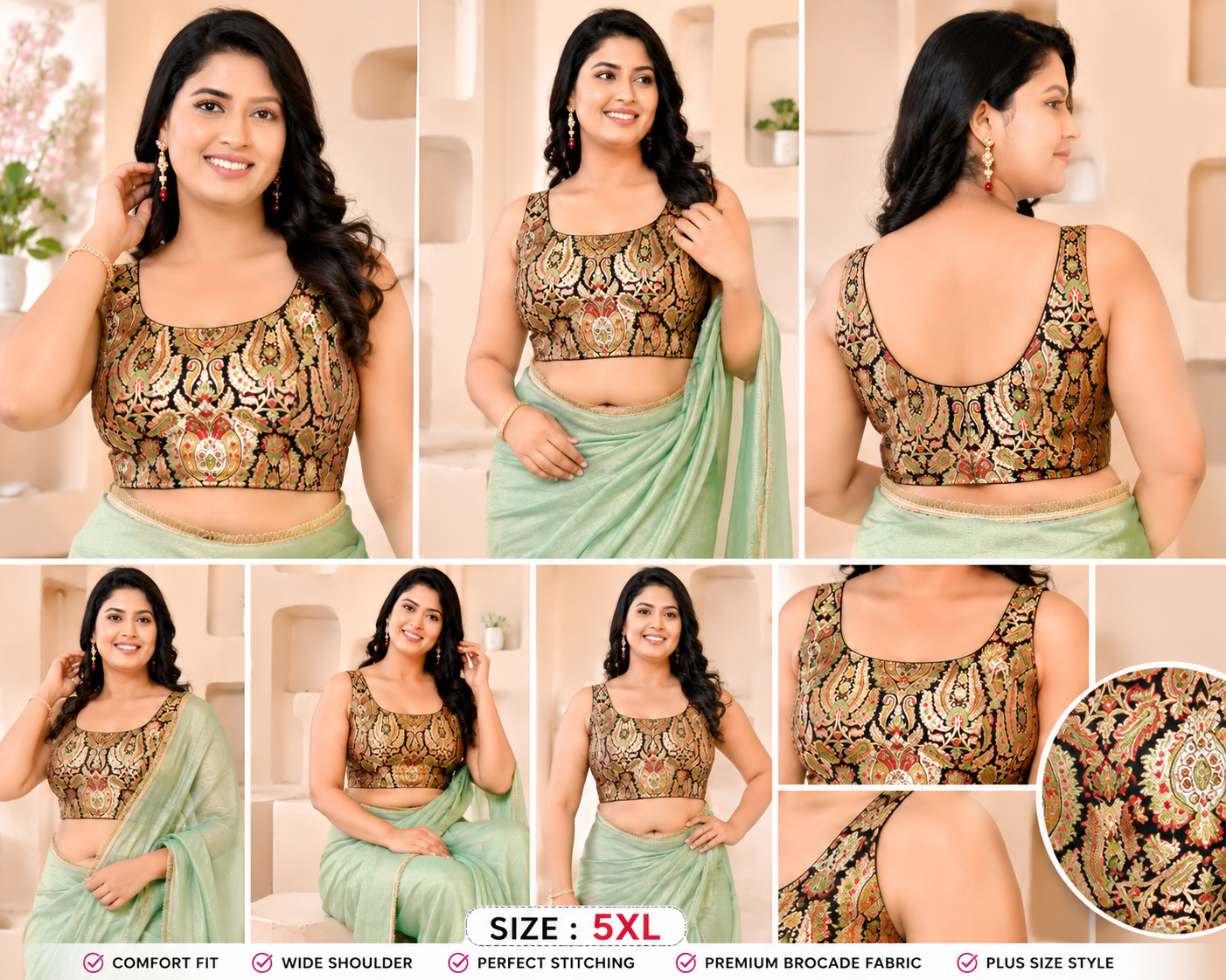 Woven Designed Kashi Banarsi Scoop Neck Padded Black Saree Blouse