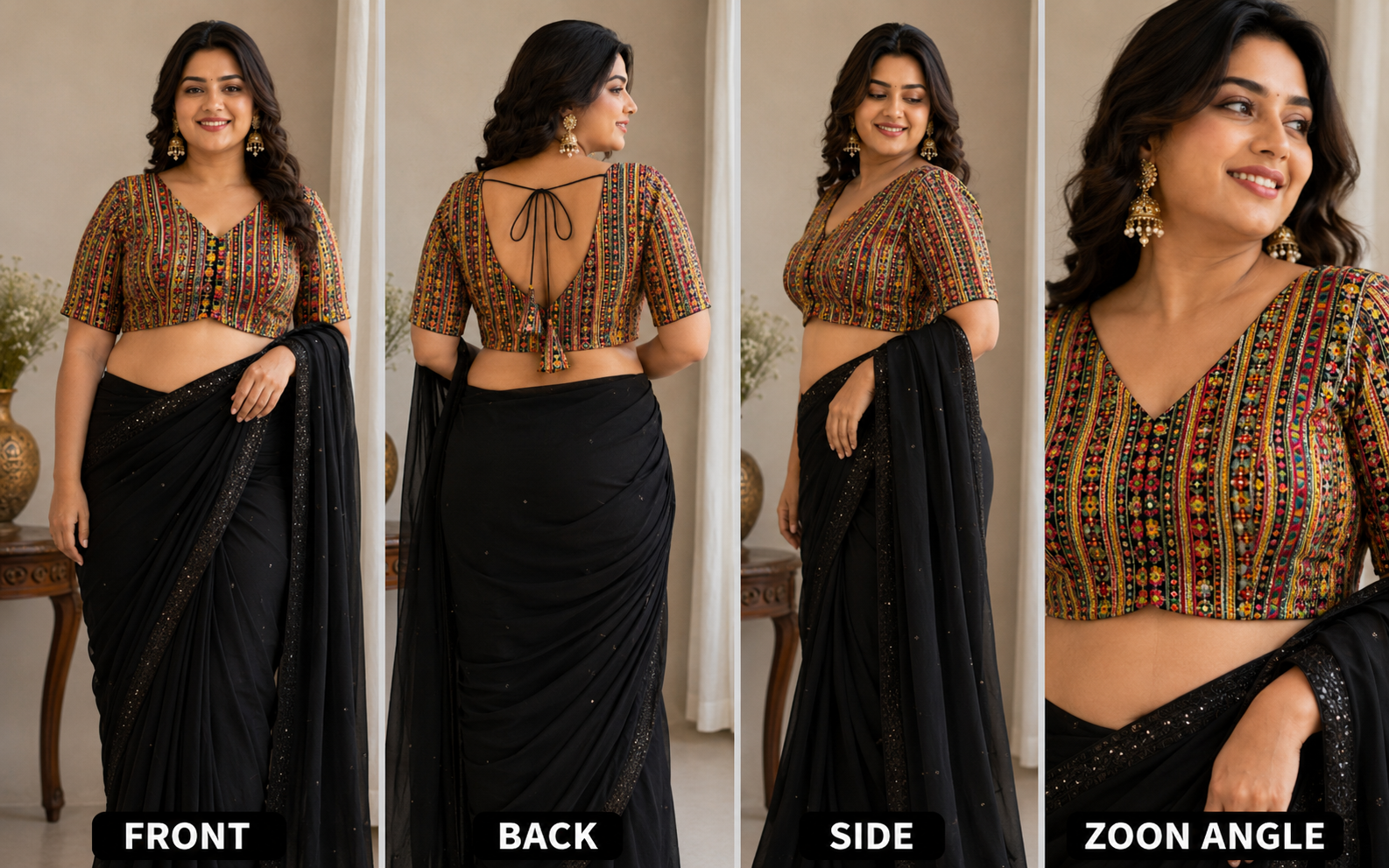 Women's Black Multicolored Embroidered Blouse with Sleeves