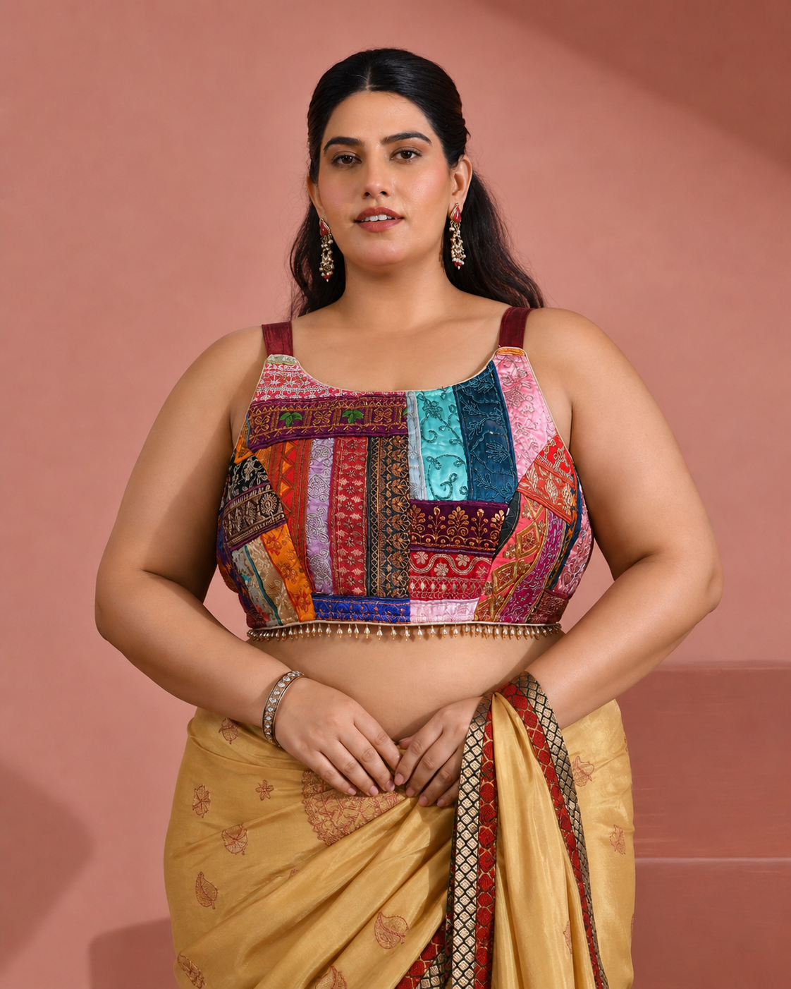 Multicolored Patch Work Round Neck Silk Blouse with Lace
