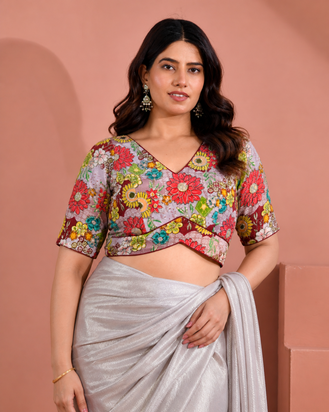 Mauve Sequined Zari Multicolored Postion Print Blouse with Sleeves