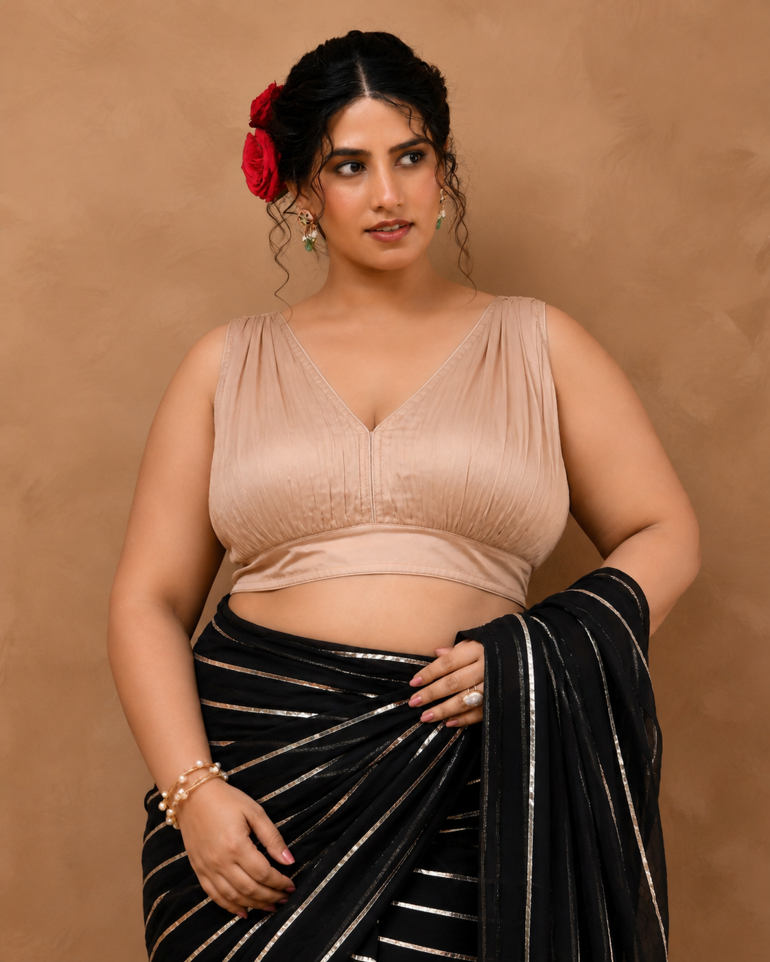 Rose Gold V neck Wrinkled sleeveless blouse