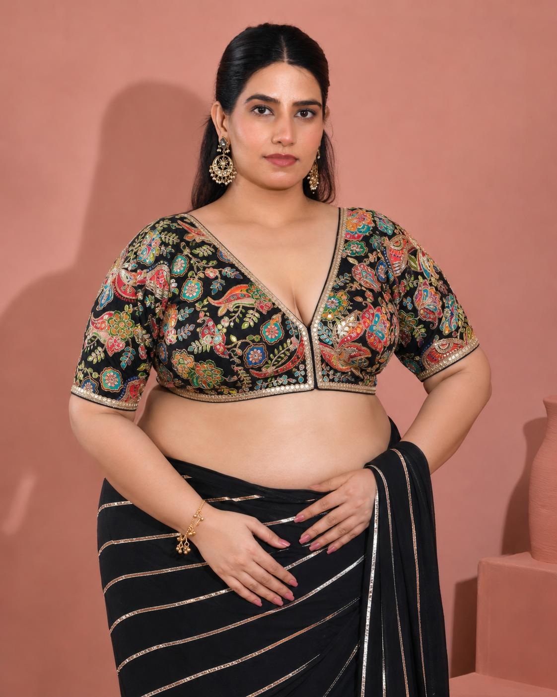 Black Embroidered Position Print Nyra Cut   Blouse with sleeves