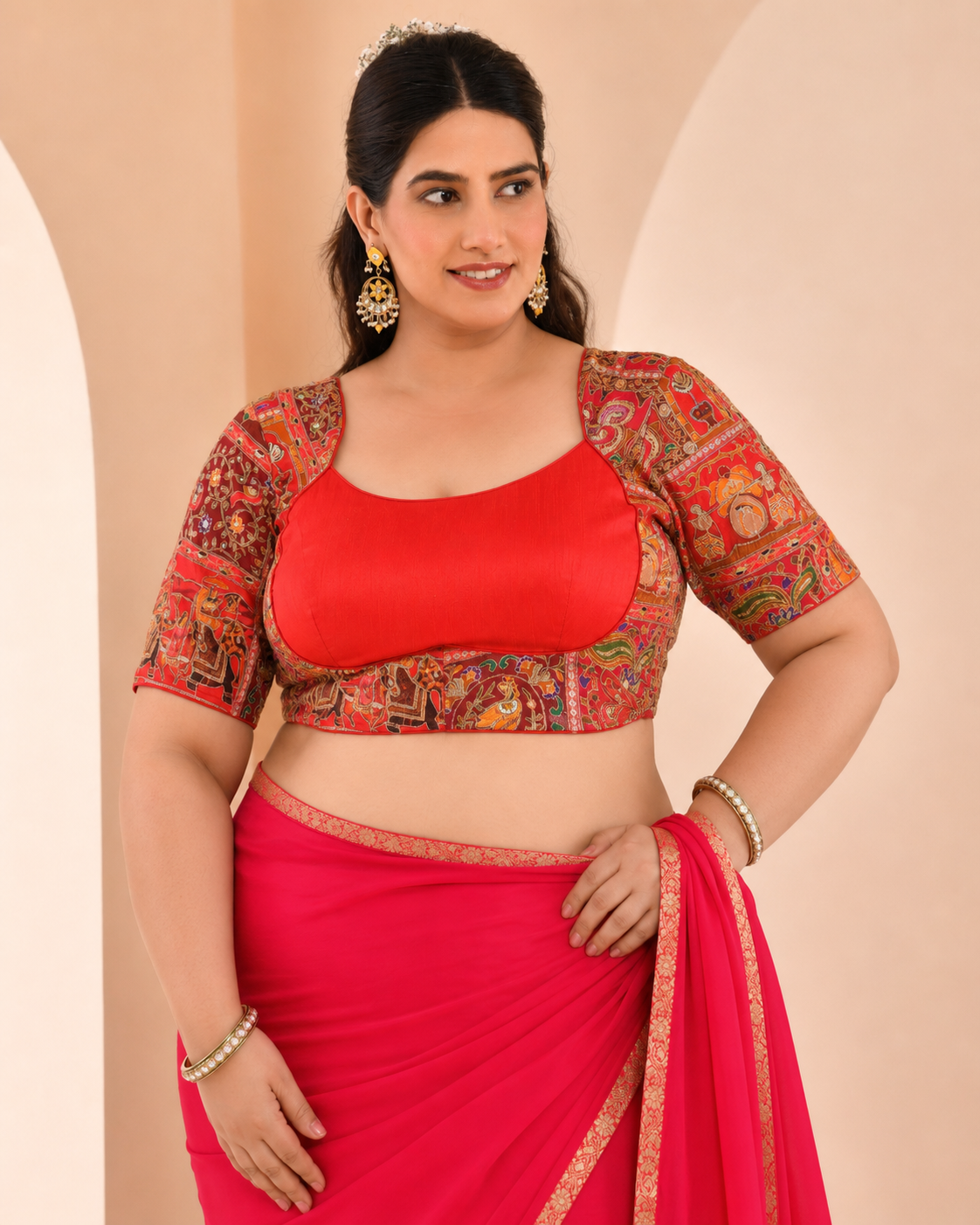 Madhubala Style Red Blouse With Sleeves