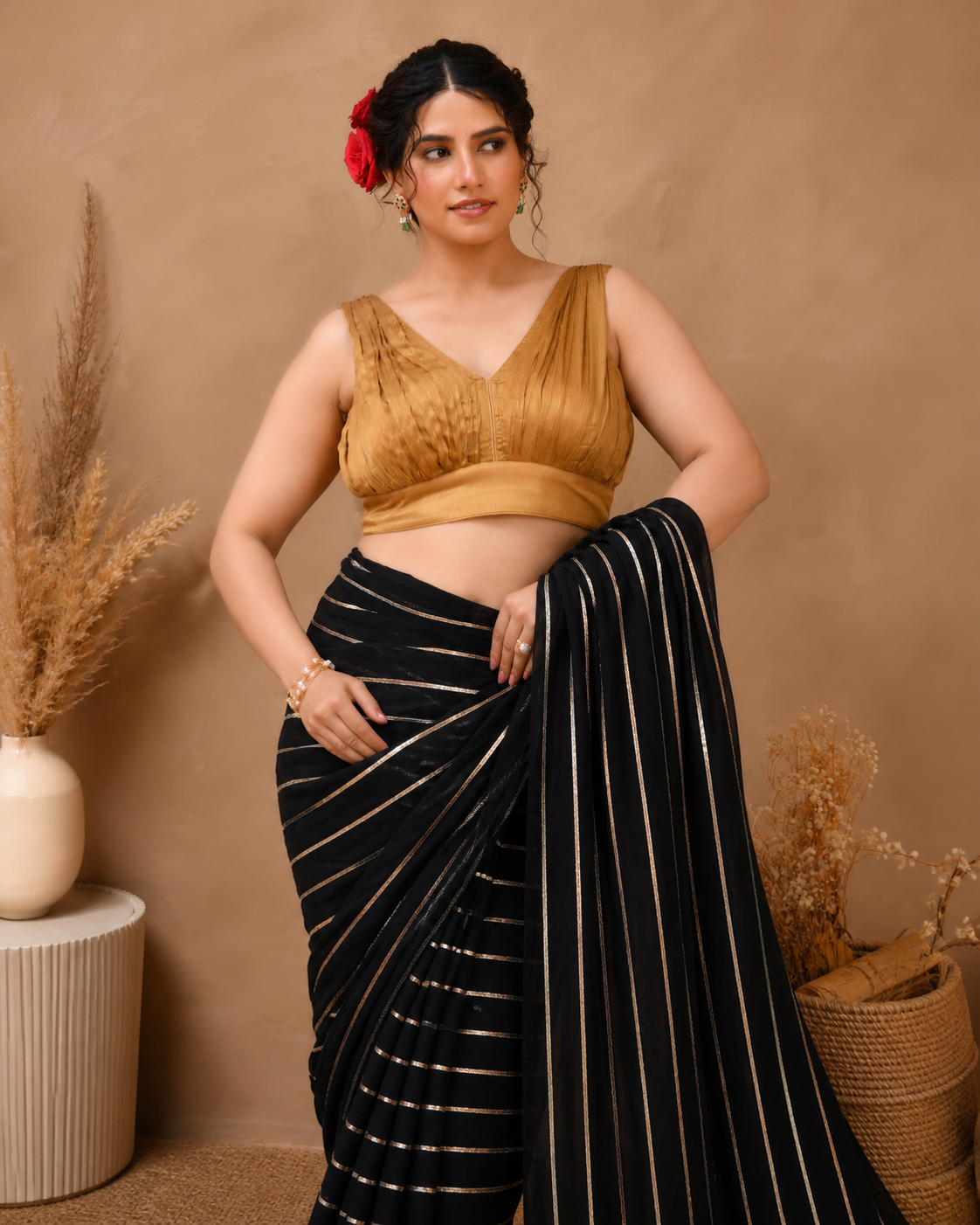 Dark Gold V neck Wrinkled sleeveless blouse