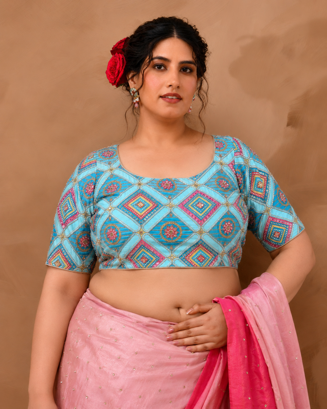 Sky Blue Geometric Pattern Cut Dana Embroidered Blouse