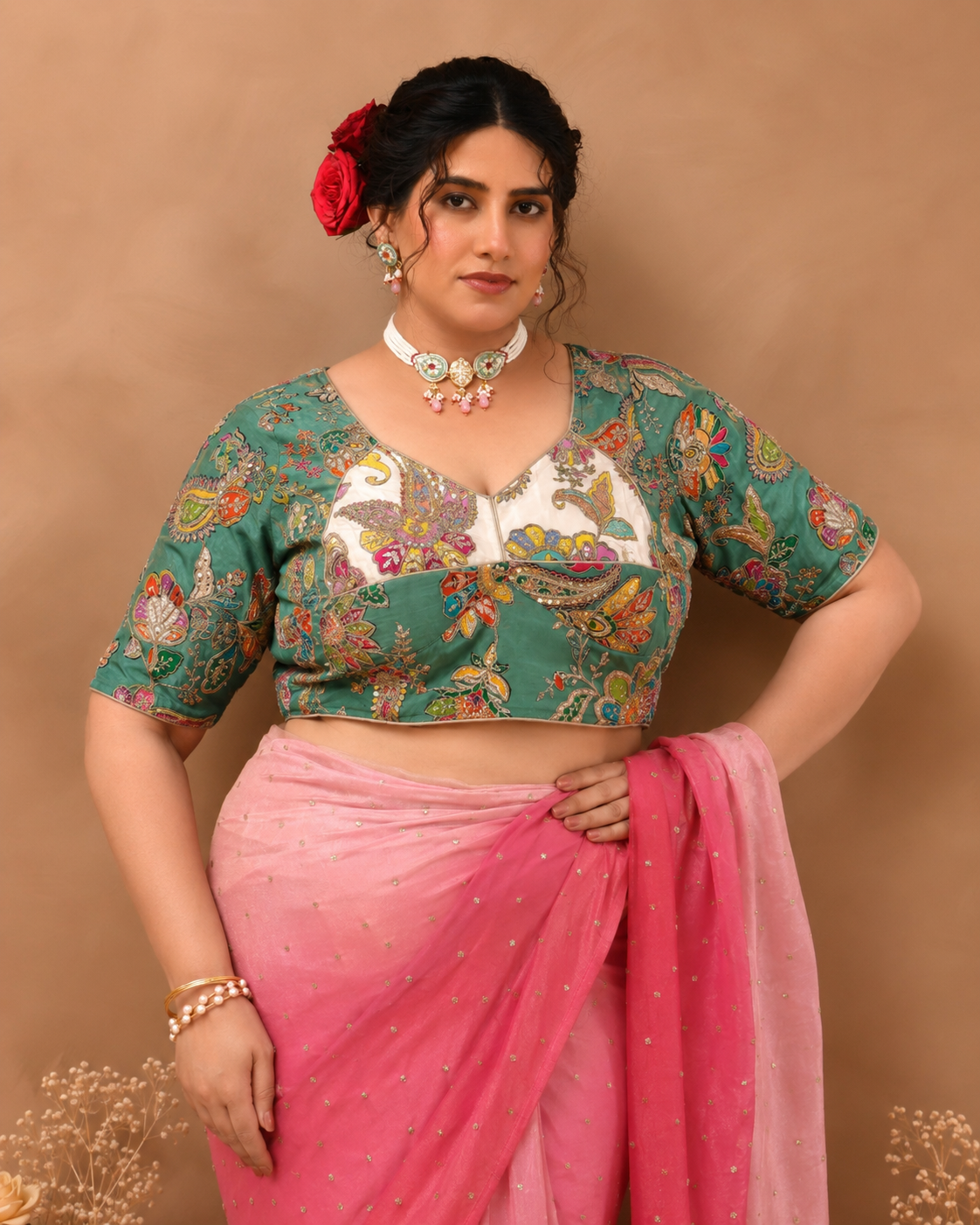 Green  Pure Crepe Position Print Aangi Style Blouse