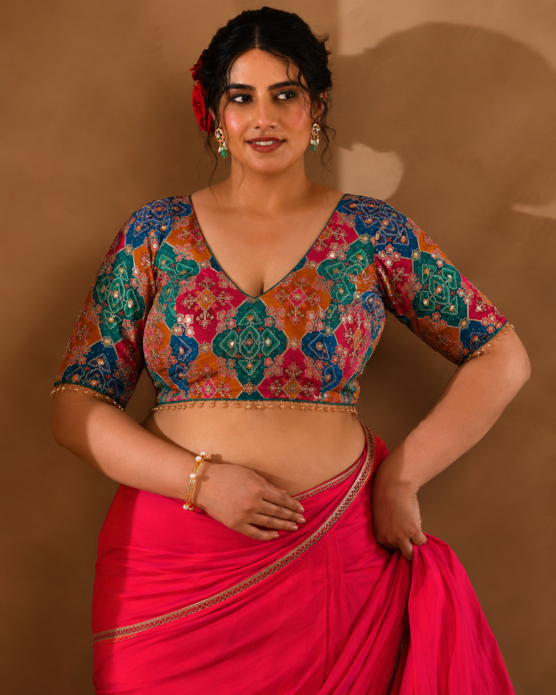 Multicolored Zari Embroidered Glass Neck Blouse With Sleeves