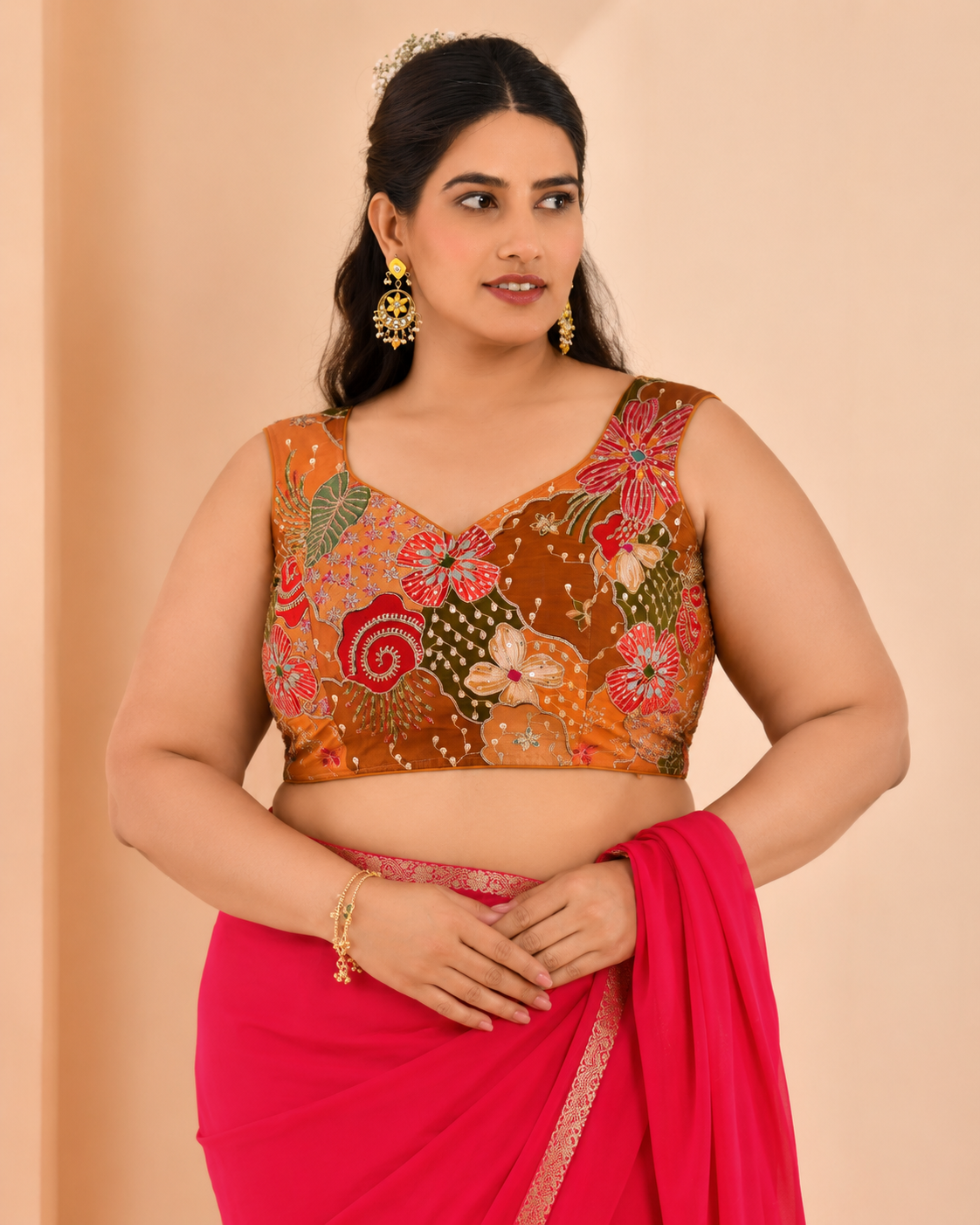 Mustard Floral Position Print Sweetheart Neck Blouse Sleevesless