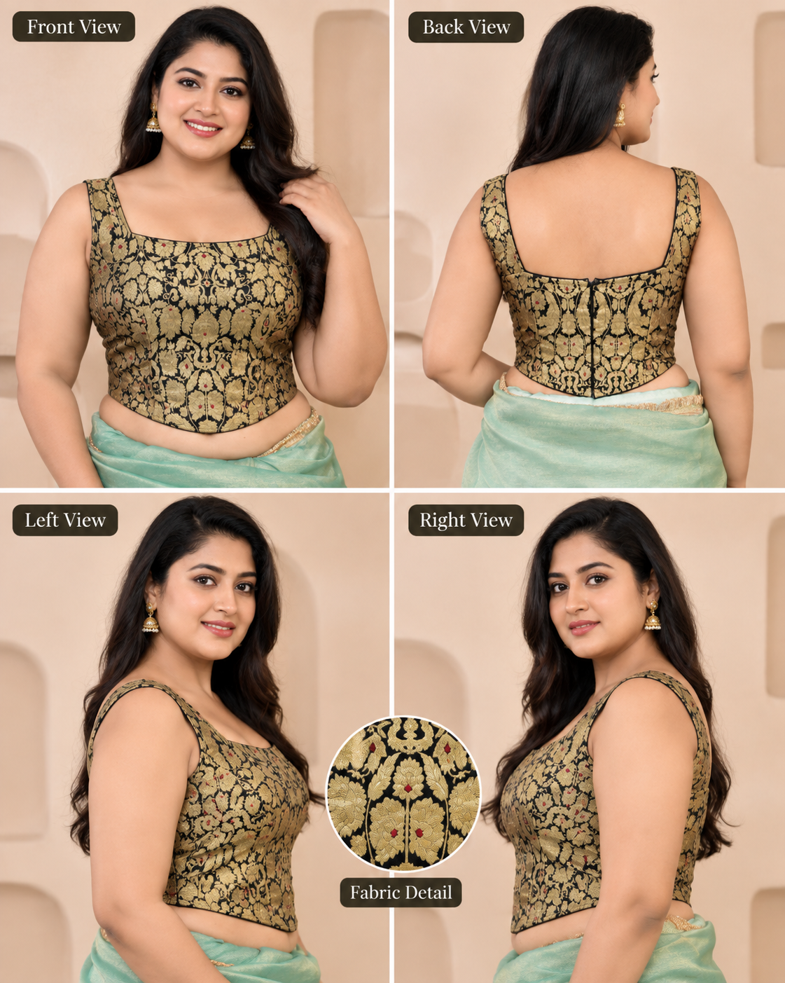 Woven Designed Kashi Banarsi Corset Style Padded Black Saree Blouse