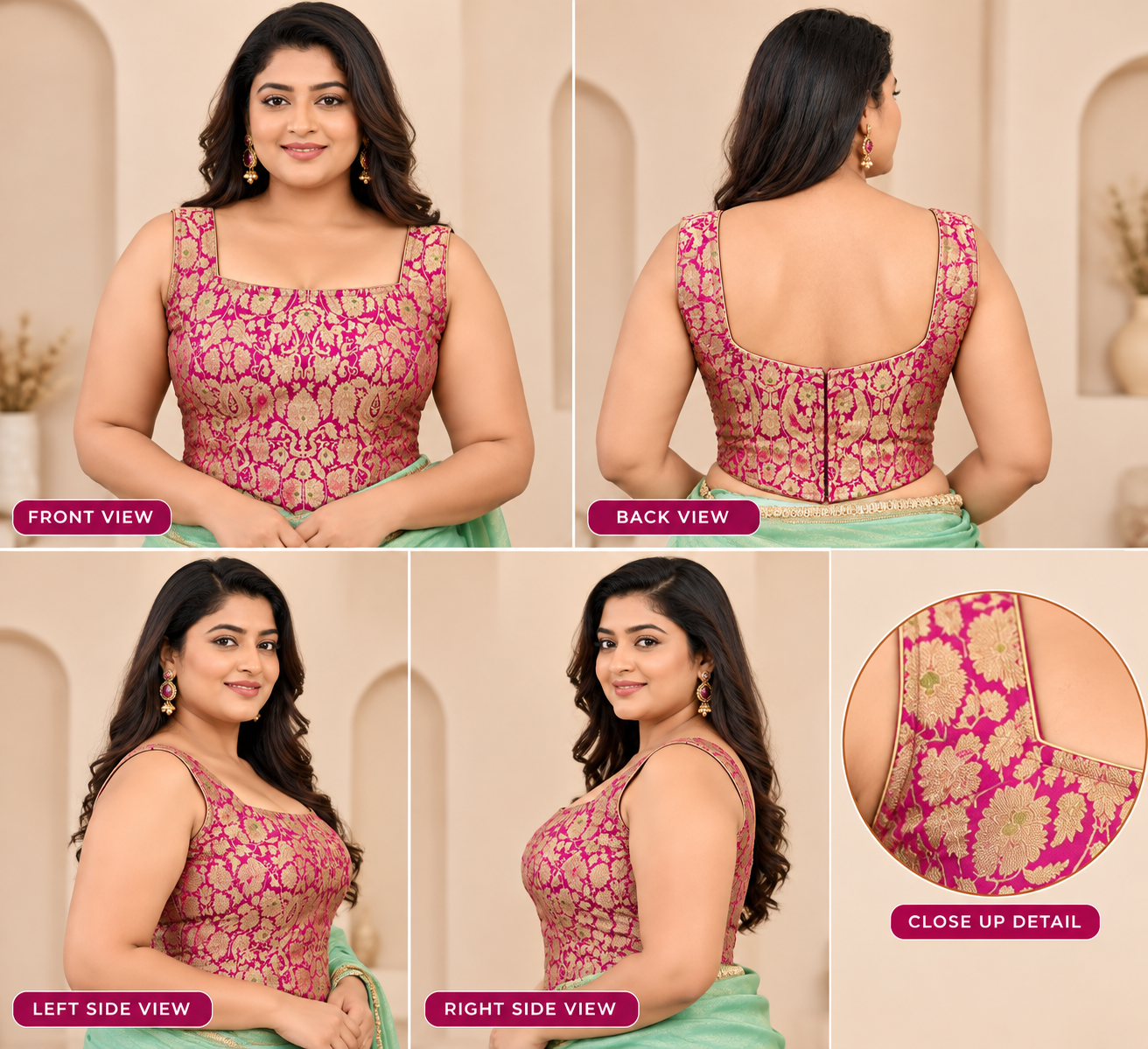 Woven Designed Kashi Banarsi Corset Style Padded Pink Saree Blouse