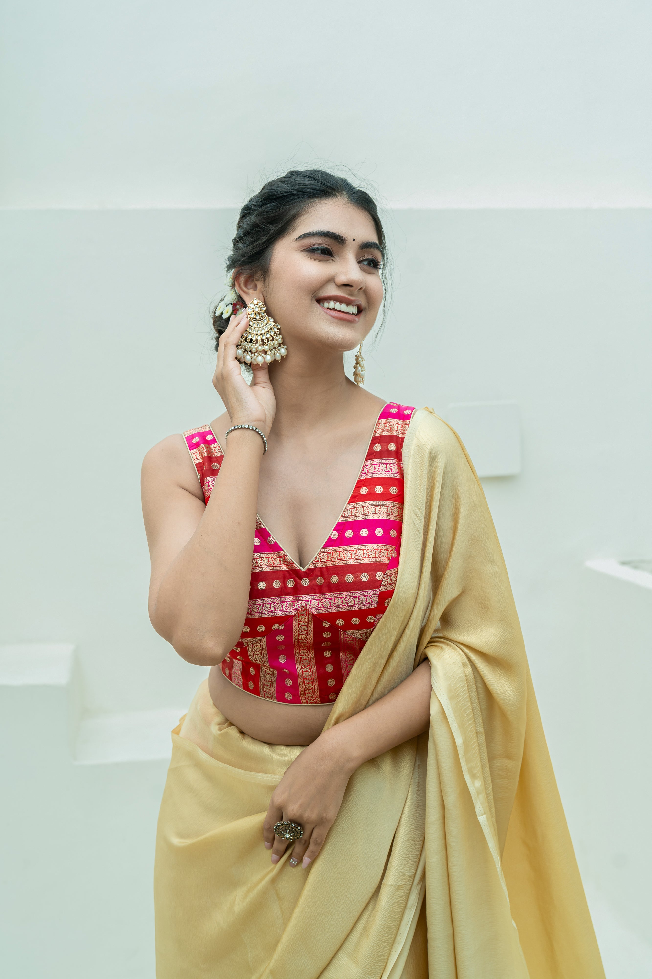 Multicolored Striped Banarasi Brocade Sleeveless V-Neck Red Blouse