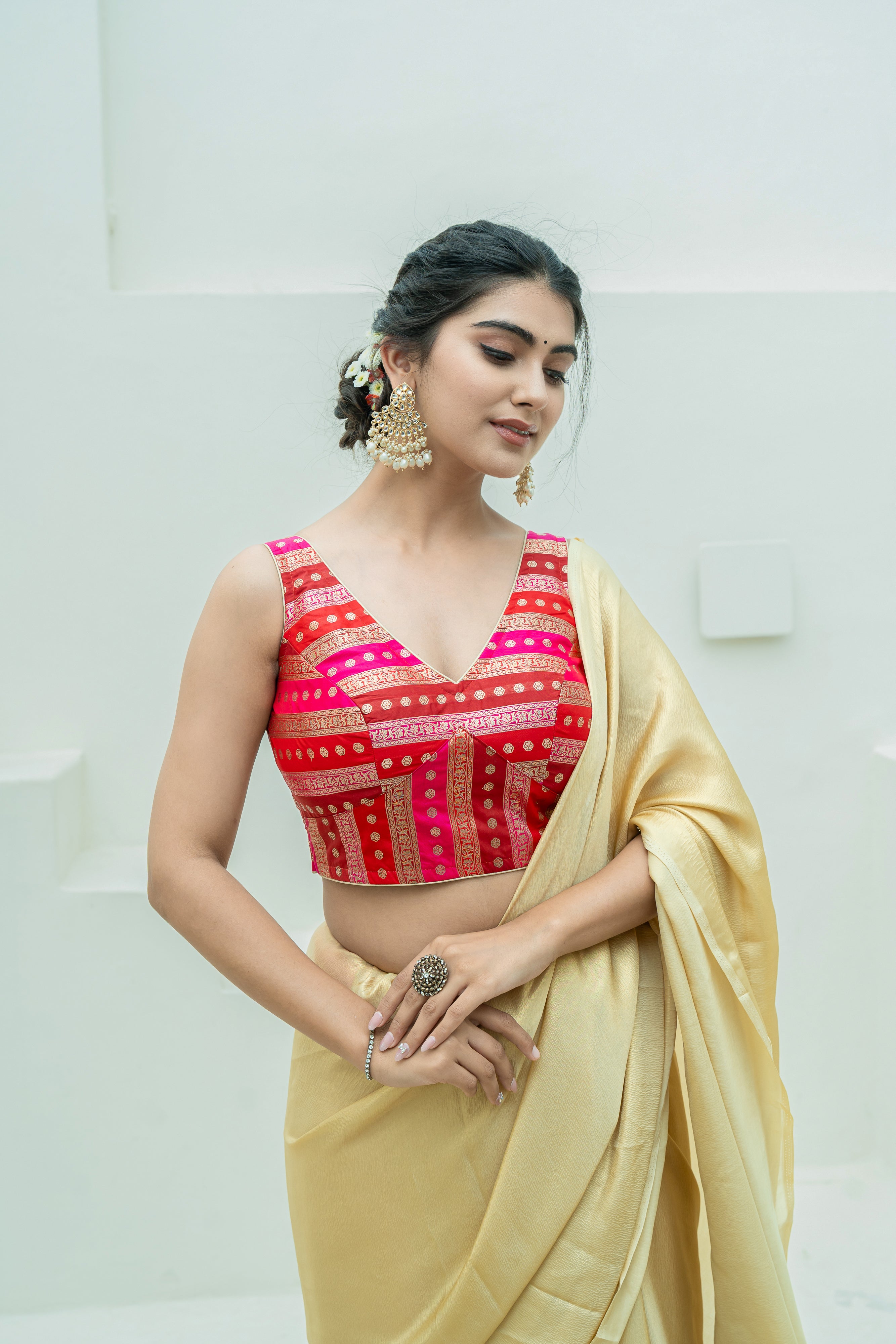 Multicolored Striped Banarasi Brocade Sleeveless V-Neck Blouse