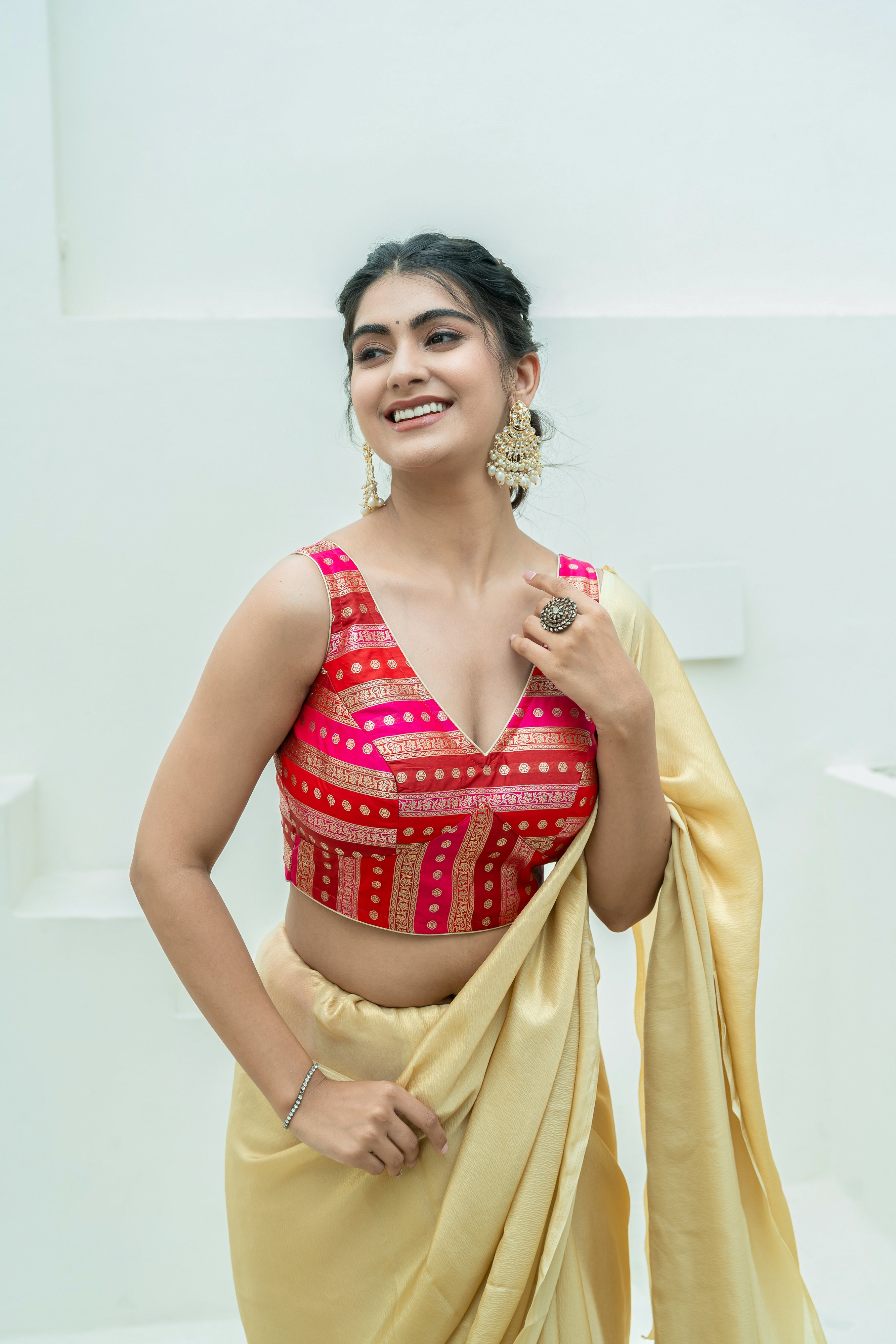 Multicolored Striped Banarasi Brocade Sleeveless V-Neck Red Blouse